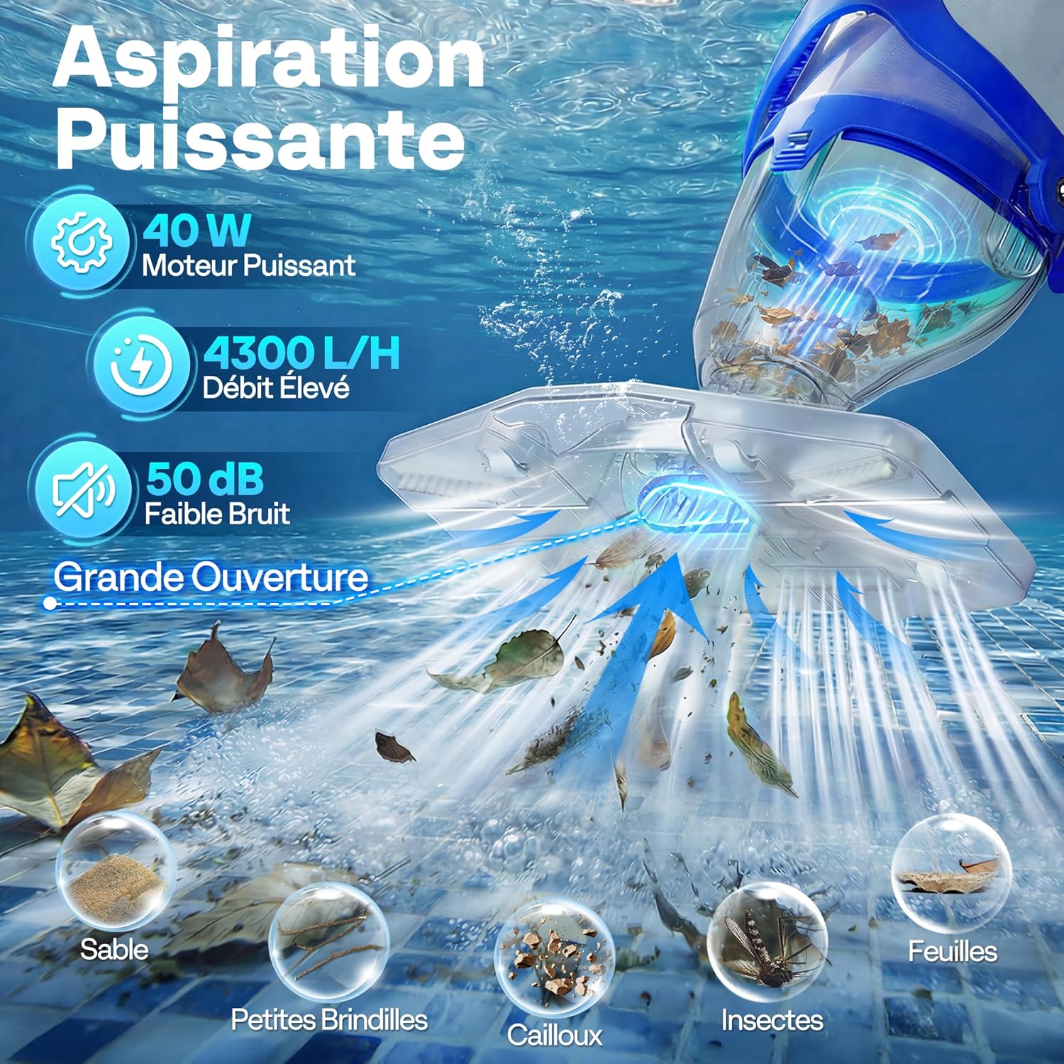 VIVOHOME - Aspirateur piscine sans fil - 250 cm - 4300 LPH, 2,6L, 75 min, 4 sacs filtres