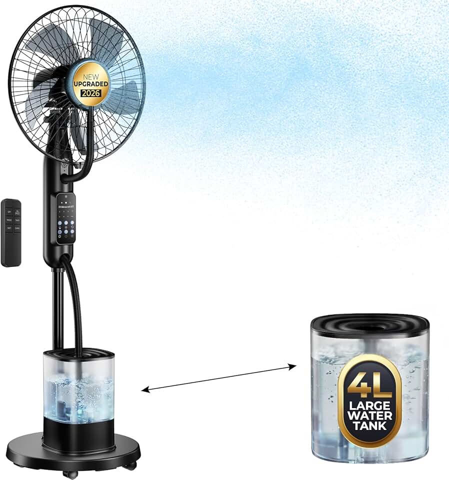 NebulaFlow - Ventilateur Brumisateur Amélioré - réservoir 4L, oscillant, 5 vitesses, minuterie, télécommande, 7,5h