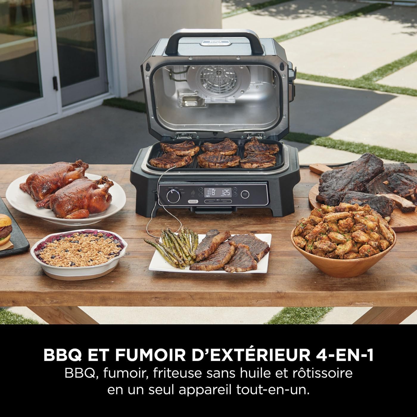 Ninja - Barbecue électrique Pro XL portable - Smart Cook, air fryer, thermomètre, fumoir, granulés Woodfire - OG850EU