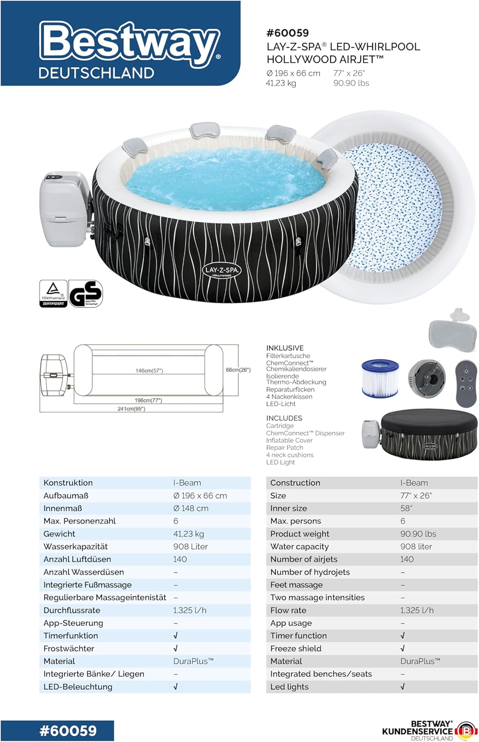 Bestway - LAY-Z-SPA Hollywood - 196x66cm - 4-6 personnes, Airjet