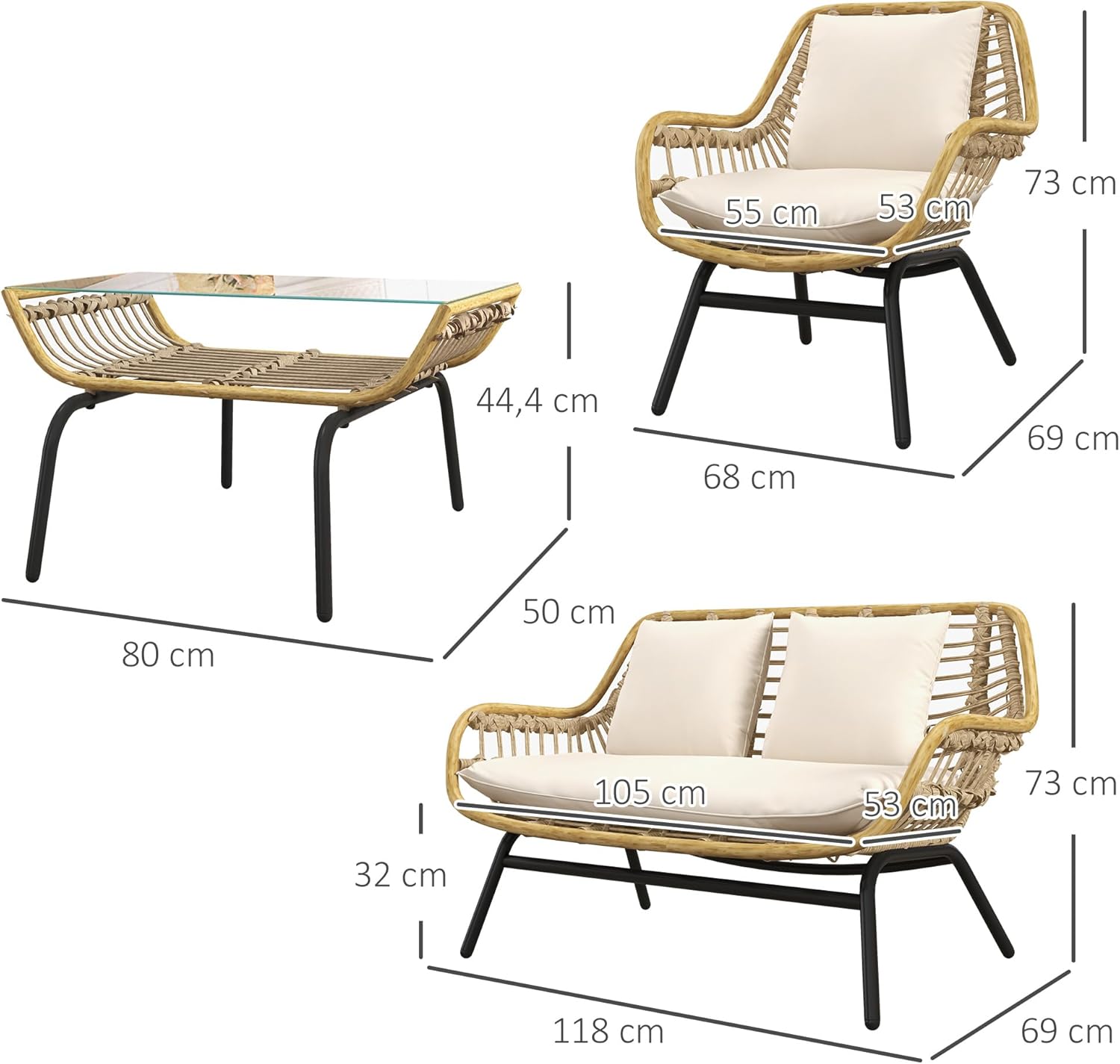 Outsunny - Salon de jardin exotique 4 places, métal/résine, coussins confort, beige