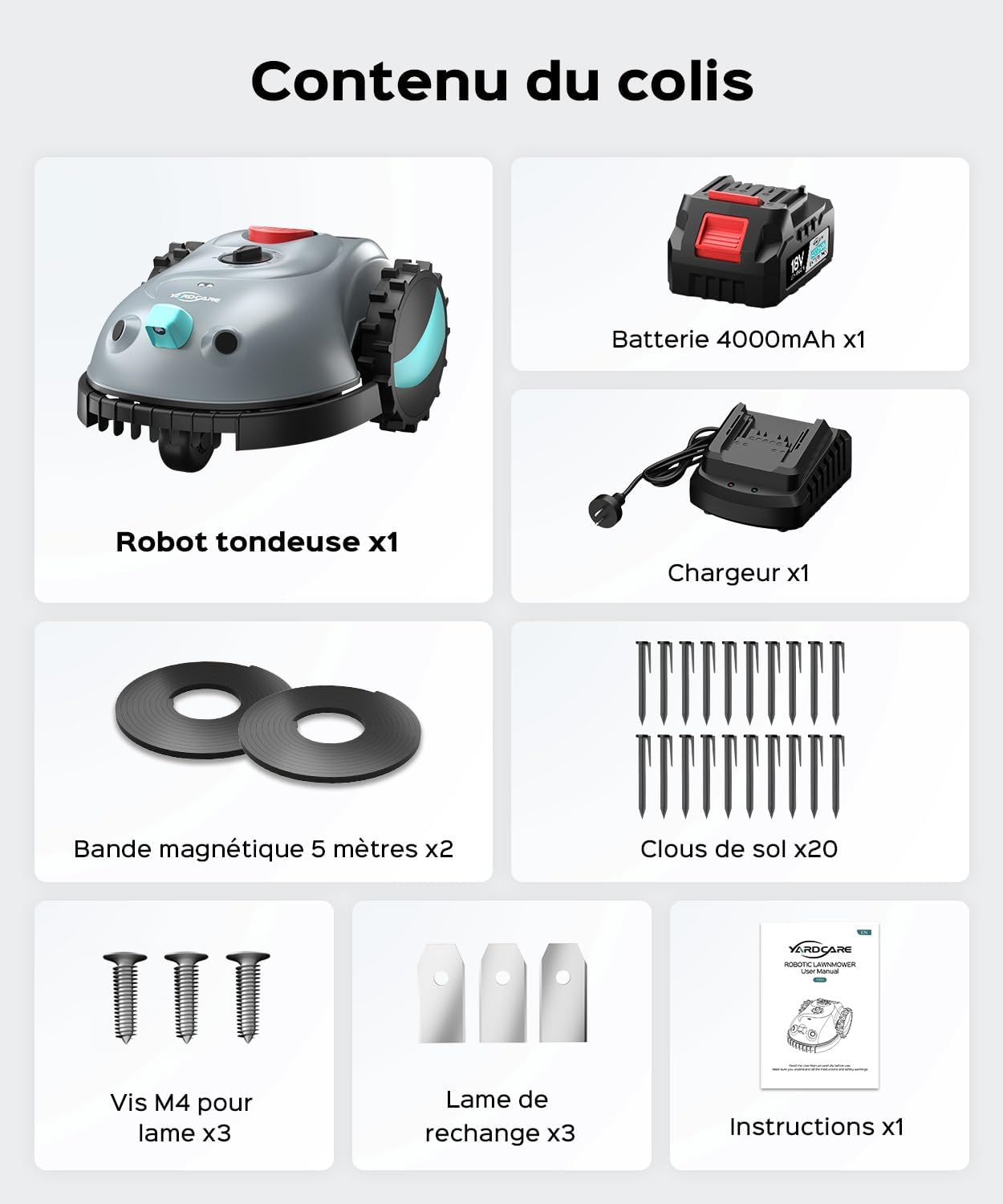 YARDCARE - robot tondeuse sans fil, navigation visuelle, coupe spiralée - V100