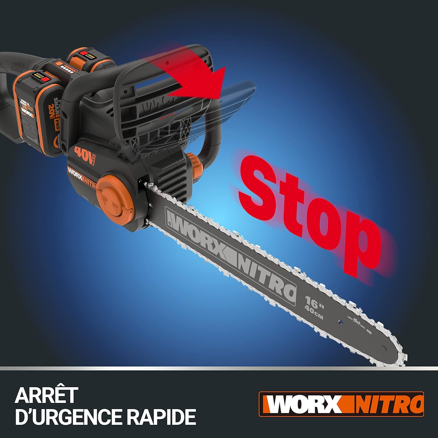 WORX - tronçonneuse sans fil 40V, guide 40cm, 18m/s, 2x4Ah WG385E