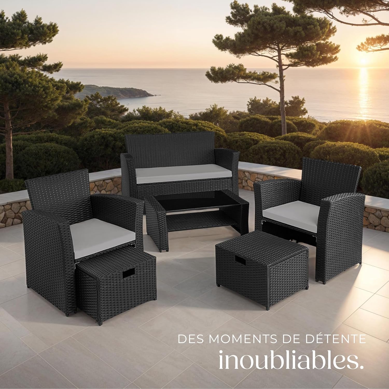 tectake - salon jardin poly rotin, 1 banquette, 2 fauteuils, table, noir/gris