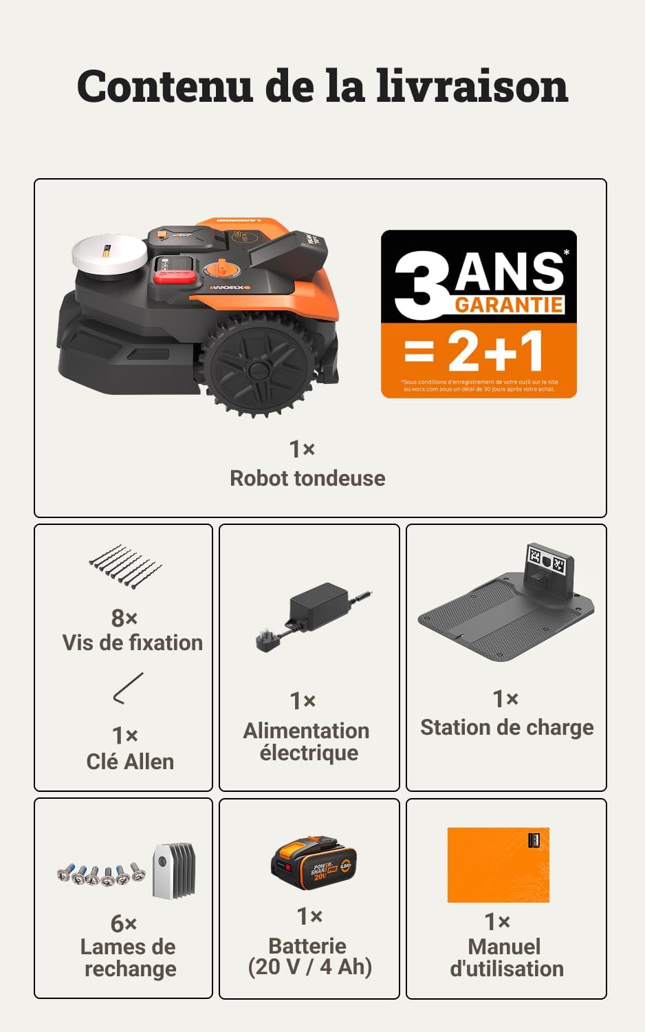 WORX - Tondeuse robot Vision Cloud 2WD - 500m², IA, VSLAM+RTK, appli - WR305E