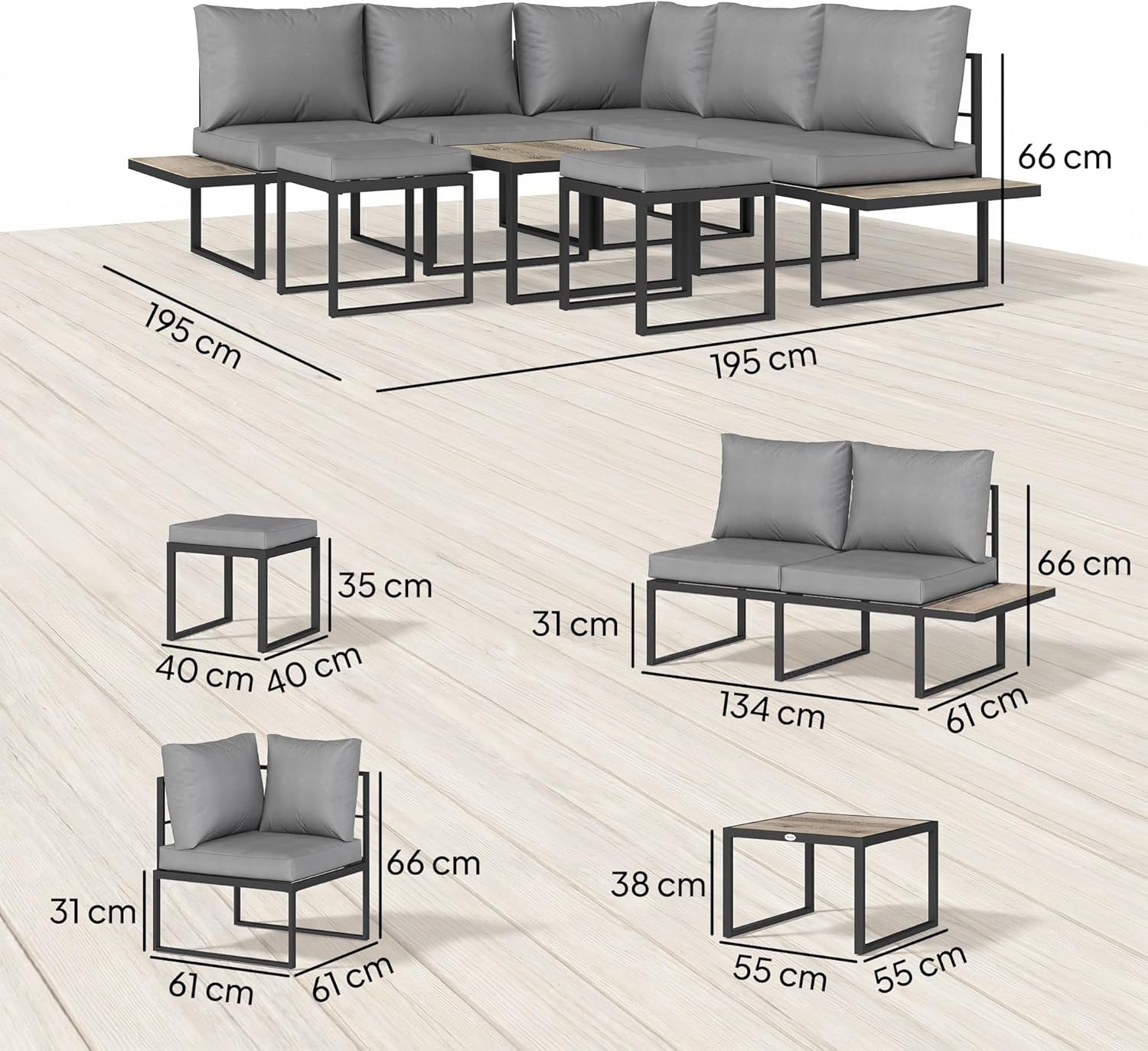 Outsunny - salon de jardin modulable 6 pers. - coussins 10cm, table PSPC