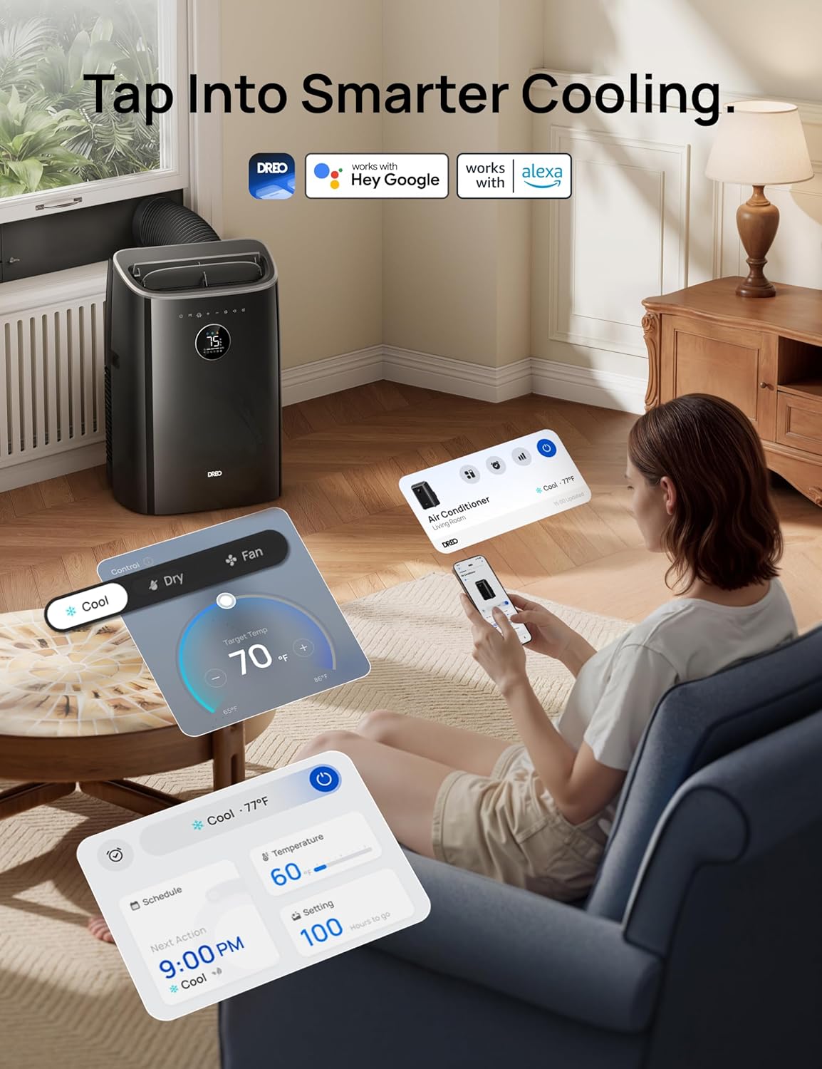 DREO climatiseur mobile 7500 BTU 3-en-1 refroidissement/ventilation/déshumidification, silencieux pour chambre ou bureau, contrôle par app et voix, sans drainage, kit fenêtre, 2,5 L/h, AC318S
