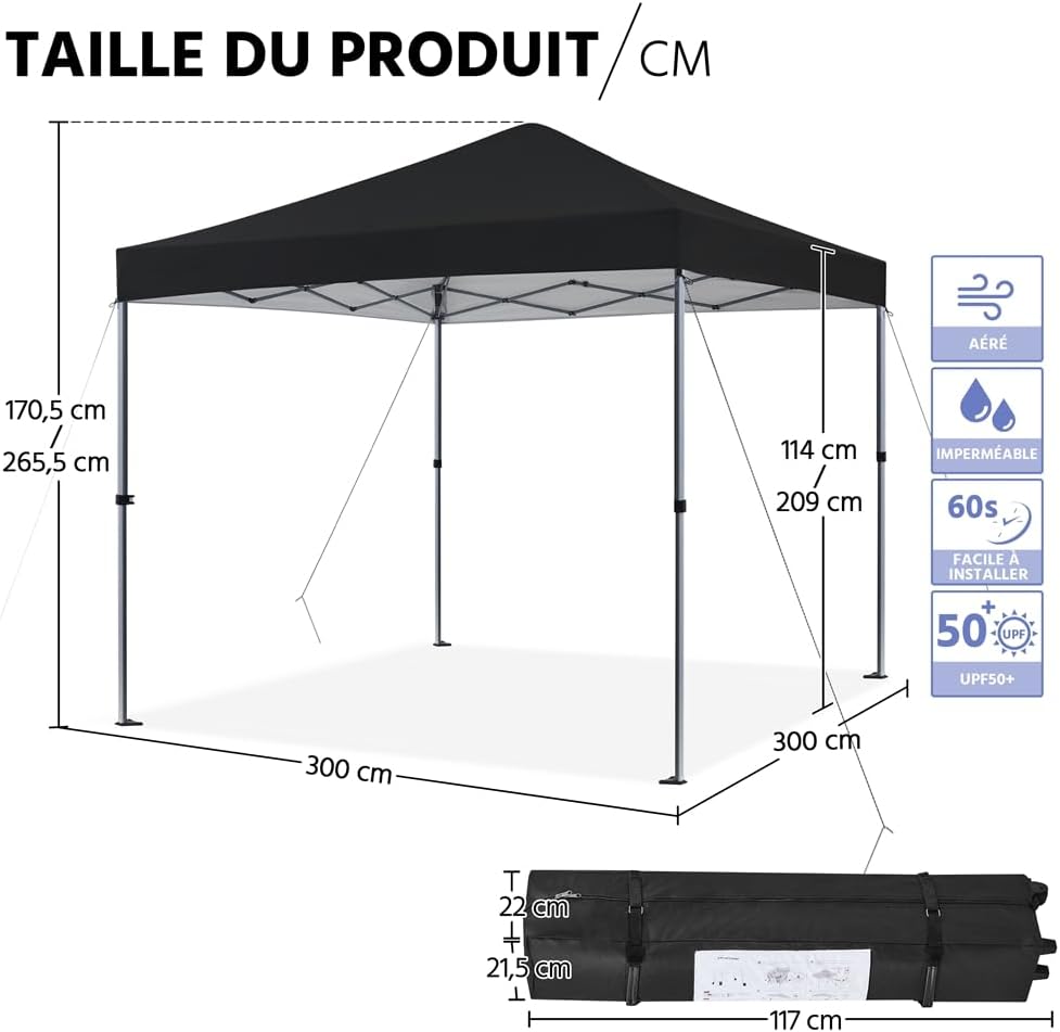 Yaheetech - tonnelle pliante 3x3m - sac de transport, sable, chevilles