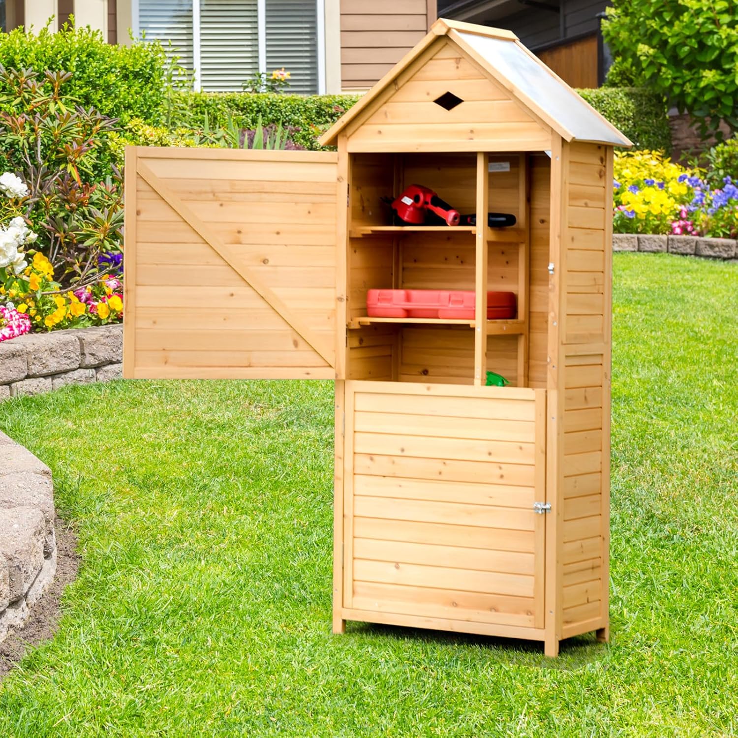 GOPLUS - abri de jardin bois 70x35x176cm, 5 étagères, porte verrouillable