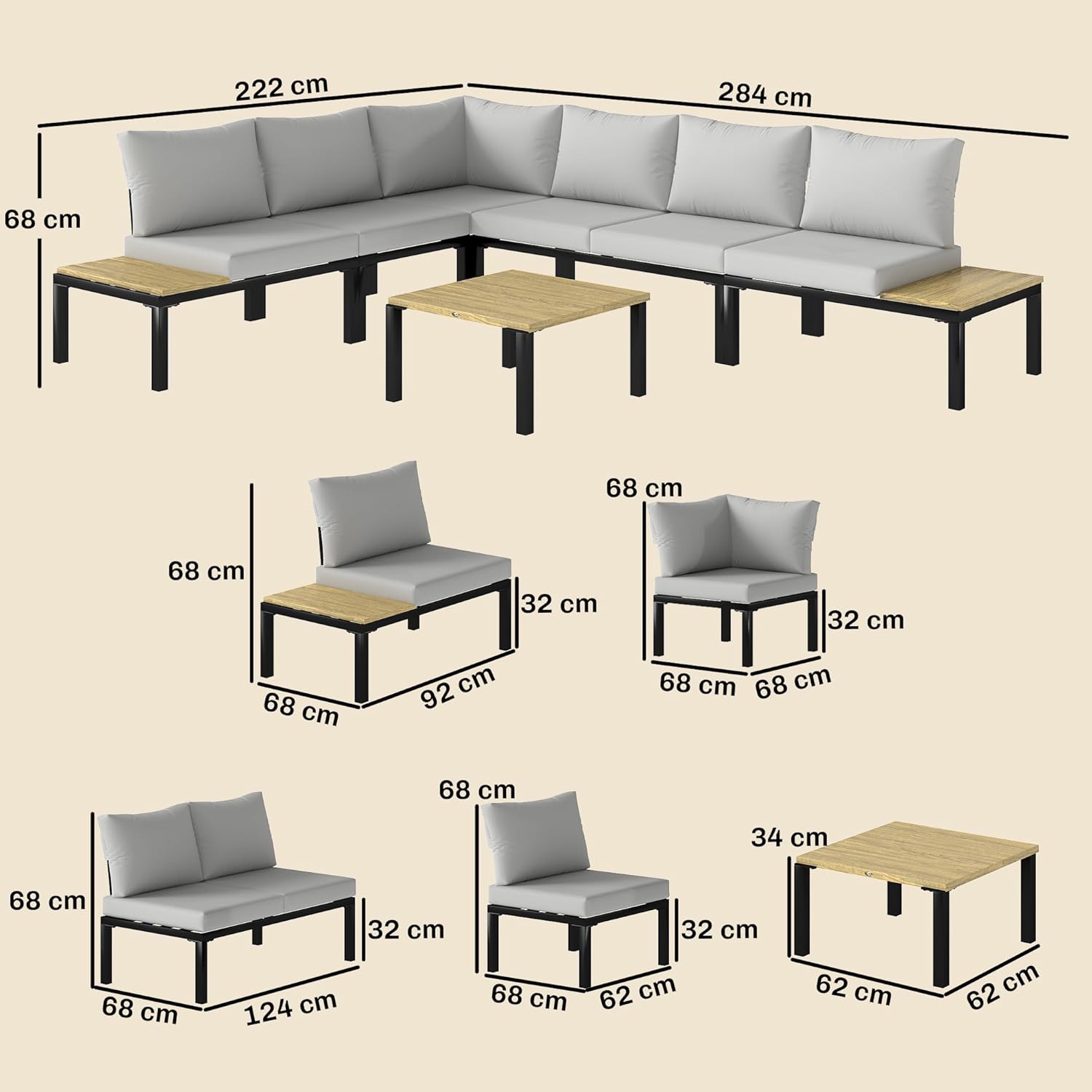 Outsunny - ensemble salon jardin modulable 6 pièces - convertible en lit, table basse intégrée, gris anthracite