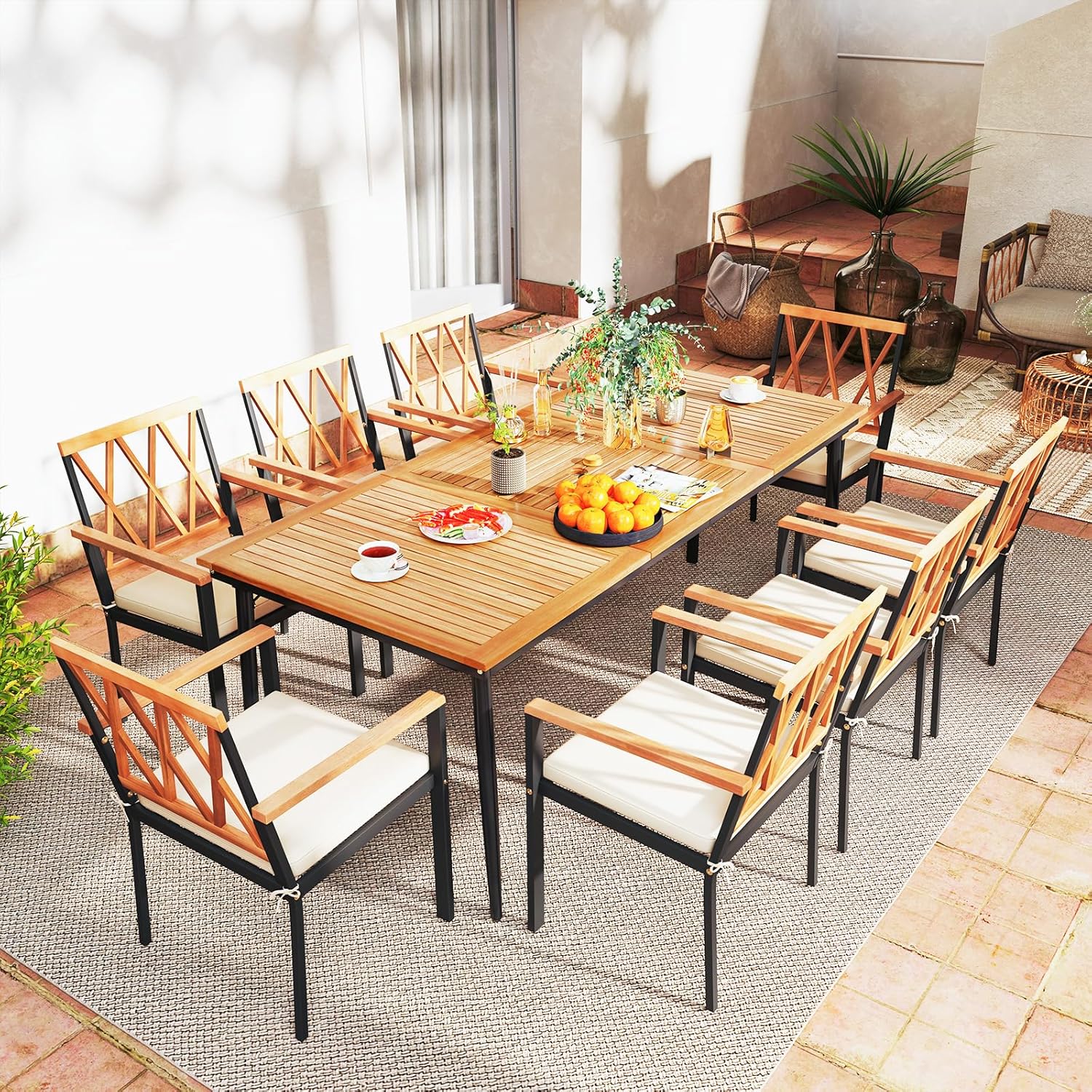 COSTWAY - Table de jardin en bois acacia 200cm, pieds métal, trou parasol