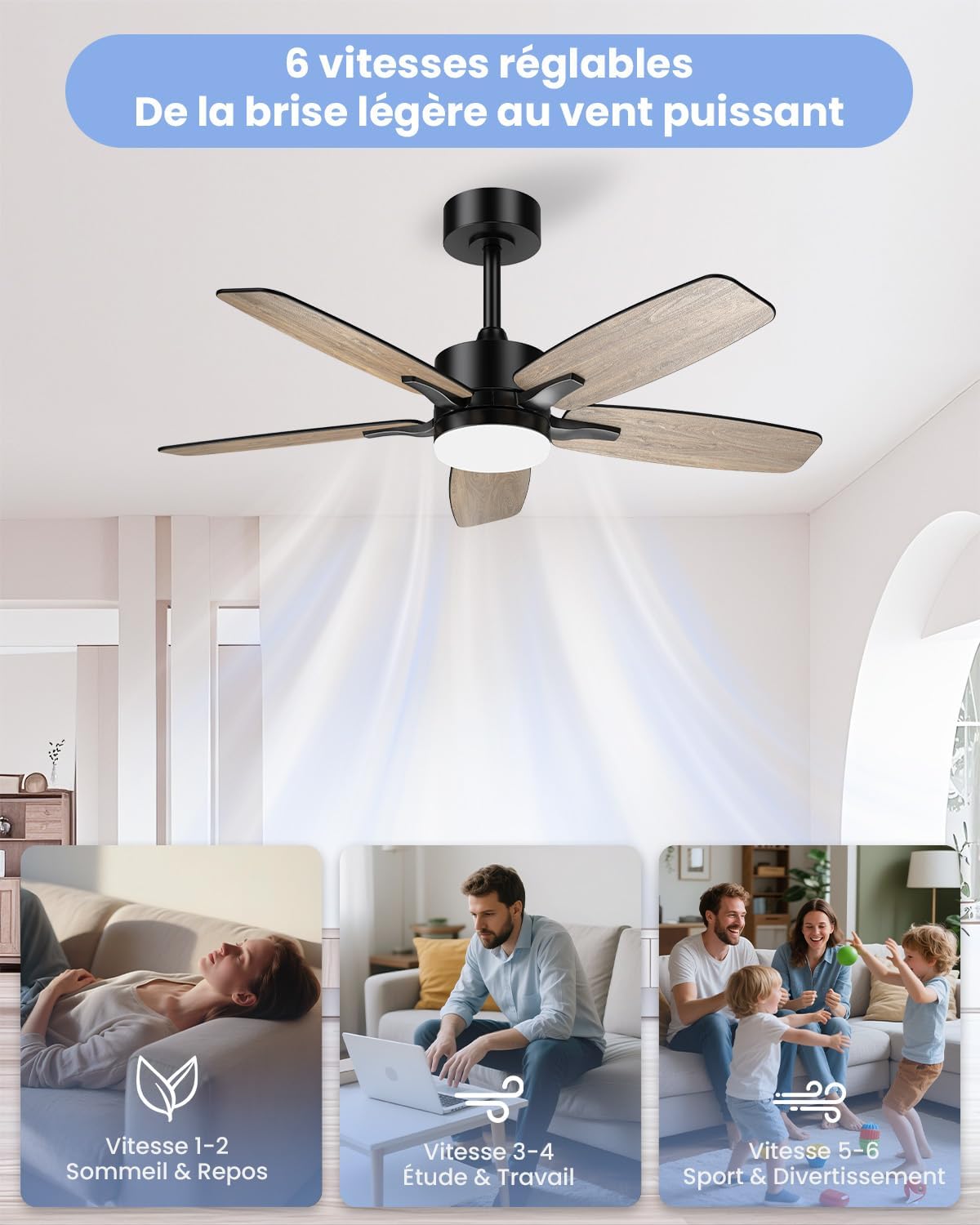 Airwit 106cm Ventilateur de Plafond Silencieux avec Lumière, Télécommande et Moteur Réversible DC pour Chambre, Salon et Cuisine