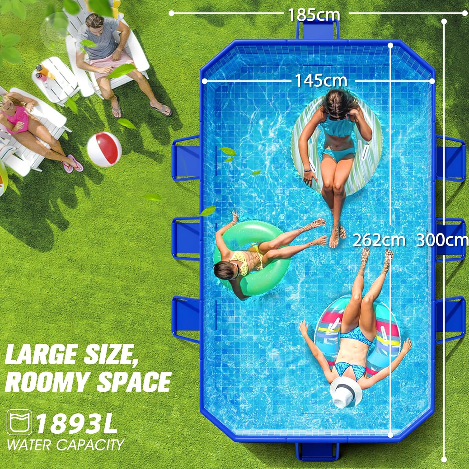 KingSom Piscine Tubulaire rectangulaire,Piscine hors Sol rectangulaire,Surdimensionné et Épaissi,Piscine Metal Frame Piscine Tubulaire,Facile à Ranger,Piscine Pliable,Piscine Adulte, 300 x 185 x 51 cm