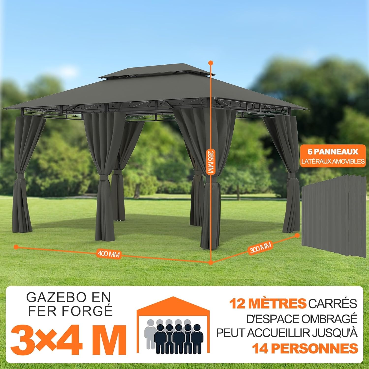 Devoko - tonnelle deluxe 3x4m jardin imperméable cadre métal 6-8 pers