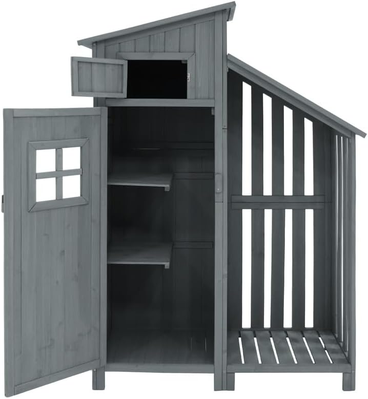 Abri de Jardin en Bois 124x46x174cm,Rangement Outils de Jardin,Cabane de Jardin Extérieur avec Serrure en PVC incliné à loquet,Gris
