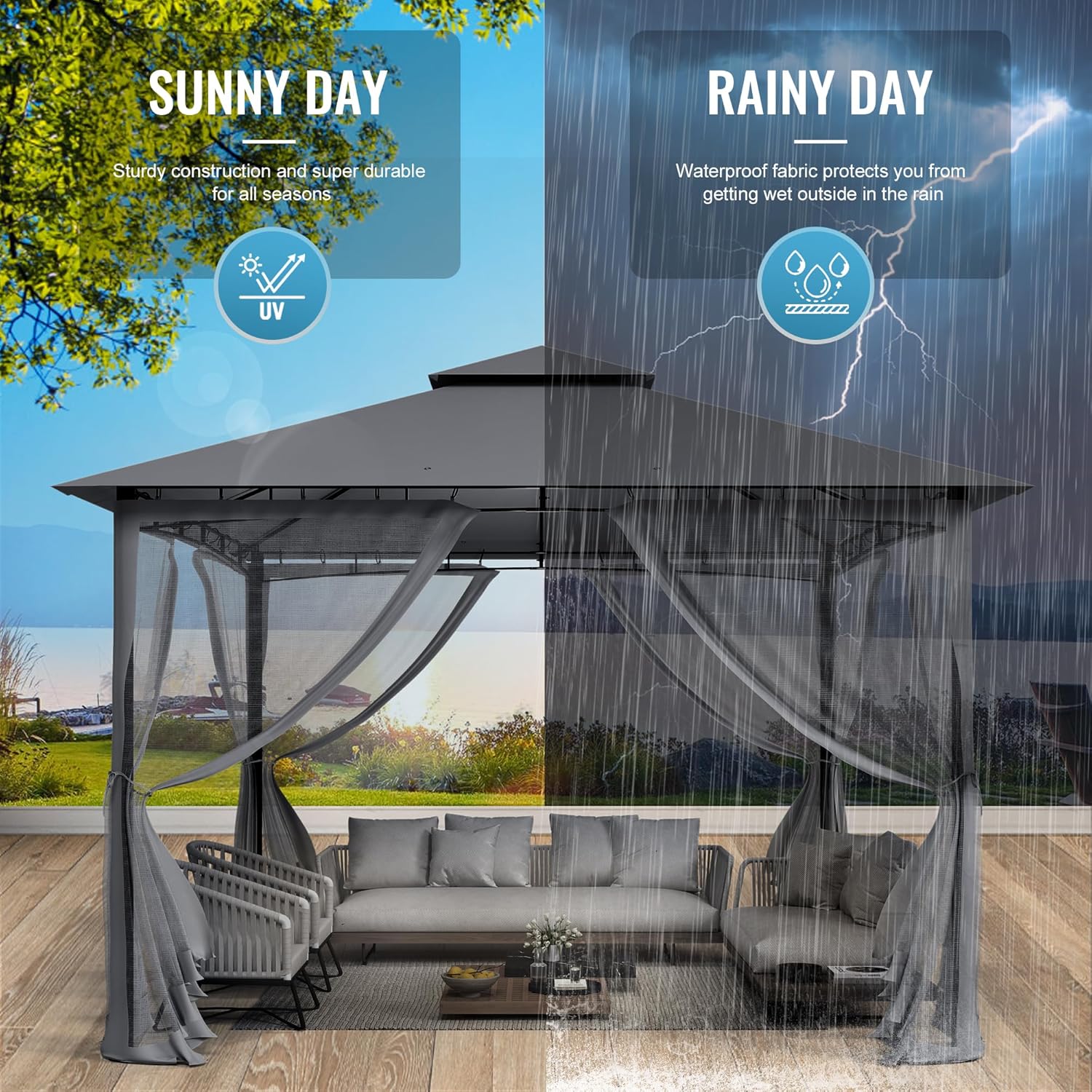 UDPATIO - Double Toit, 3.4x3.4m - Métallique, moustiquaire, gris