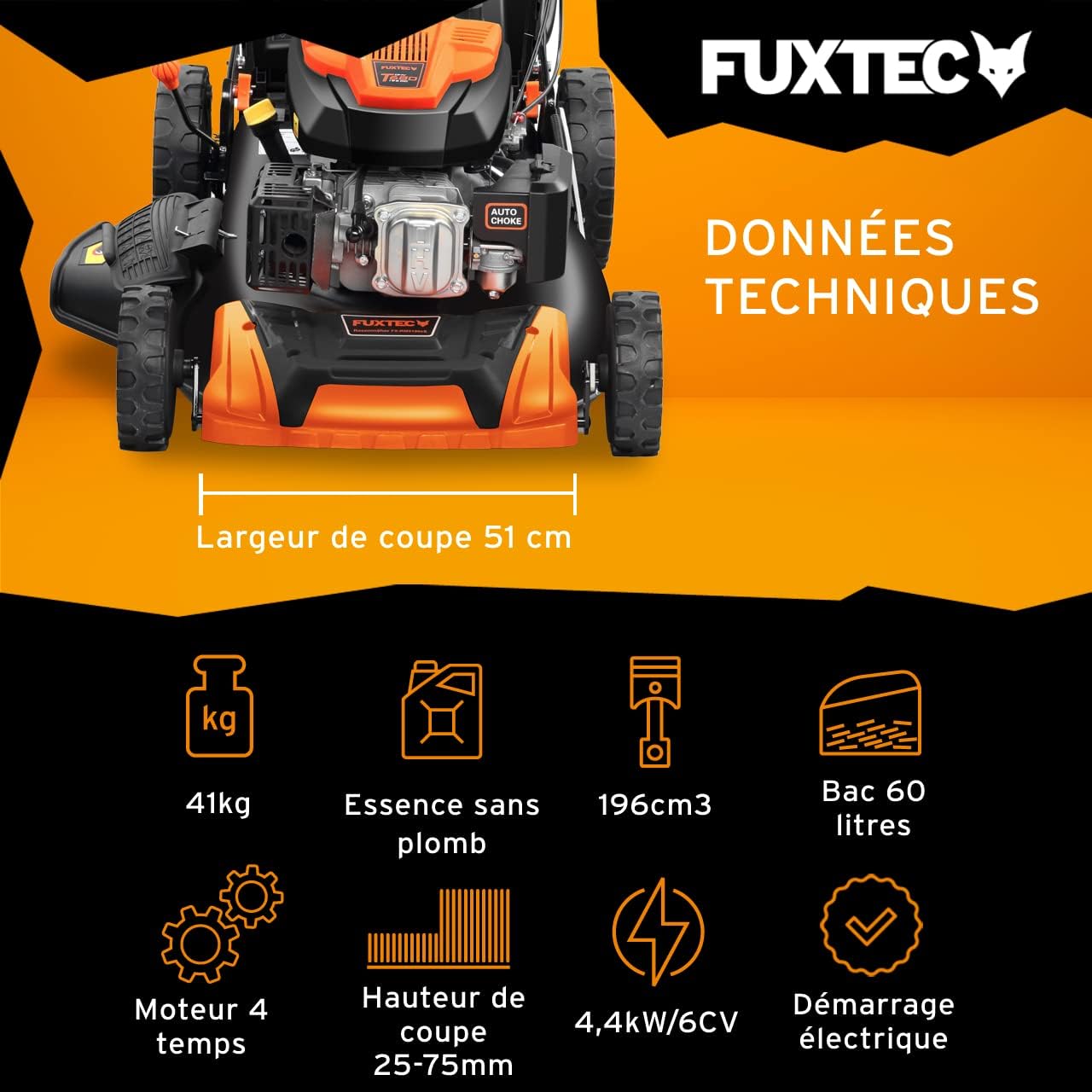 FUXTEC - tondeuse thermique série Pro - 51cm - démarrage électrique, vitesse réglable, autotractée, mulching, bac 60L - 