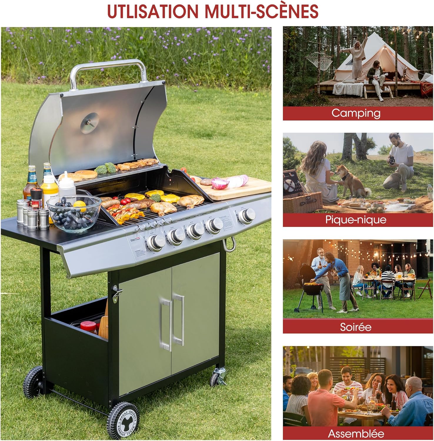Royal Gourmet - Barbecue Gaz 4+1 brûleurs inox - 14,5kW - 2 portes, thermomètre, roues directionnelles