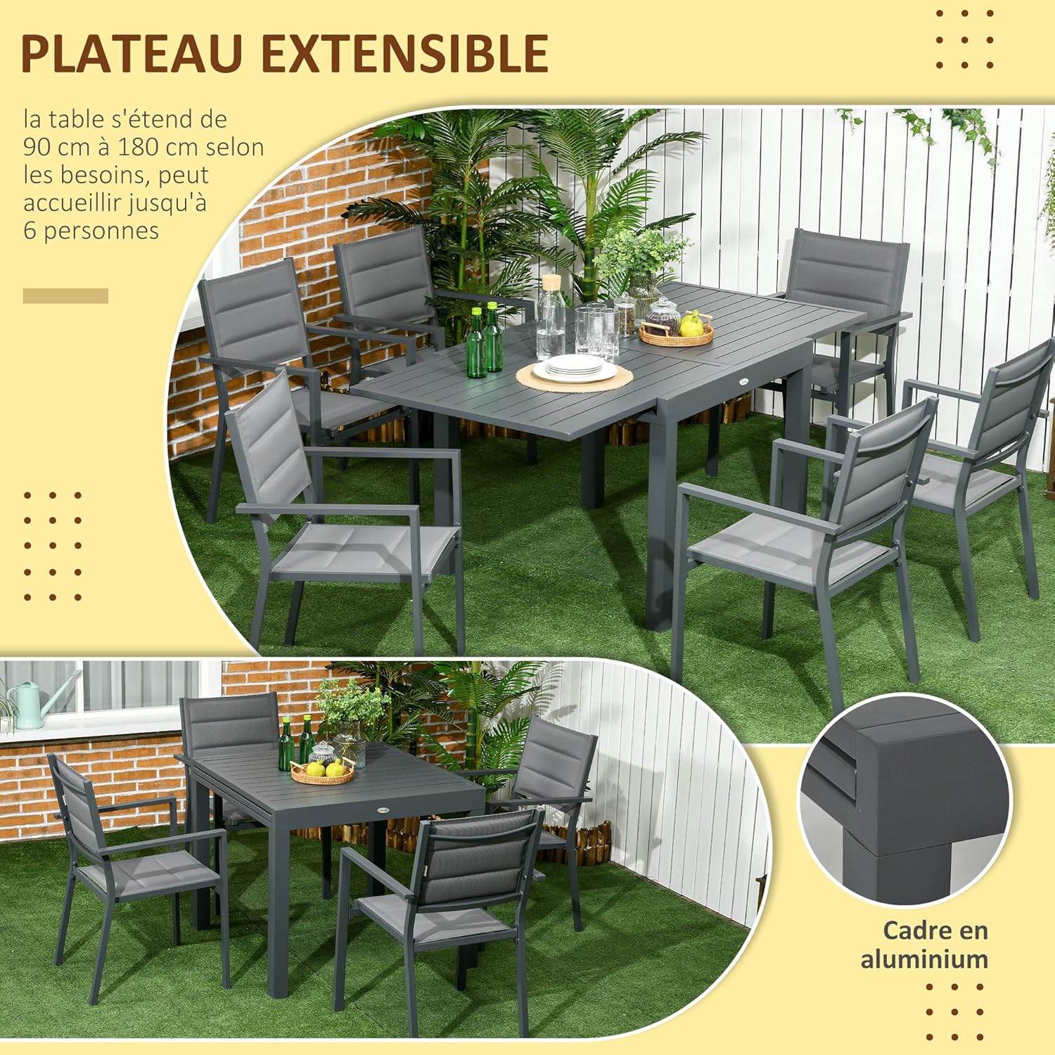 Outsunny - Salon de jardin aluminium extensible 90-180cm, 6 chaises empilables