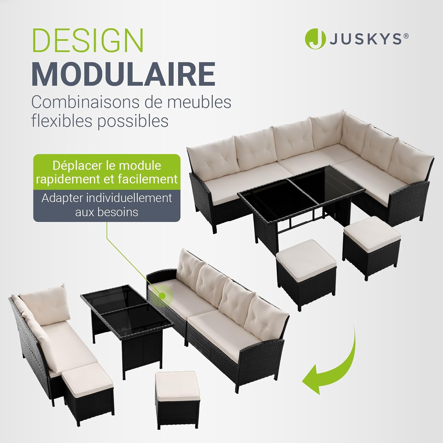 Juskys - Salon Manacor - 7 places, polyrotin noir, coussins crème