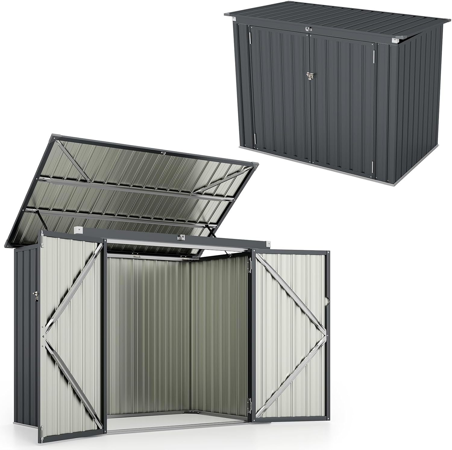 HOMASIS 1.7m Abri de Jardin Métal Exterieur avec Couvercle Rabattable, Cabane de Jardin avec Double Porte, Abri à Outils Structure Renforcée, Haute Résistance pour Ferme, Terrasse,172 x 101 x 130 cm