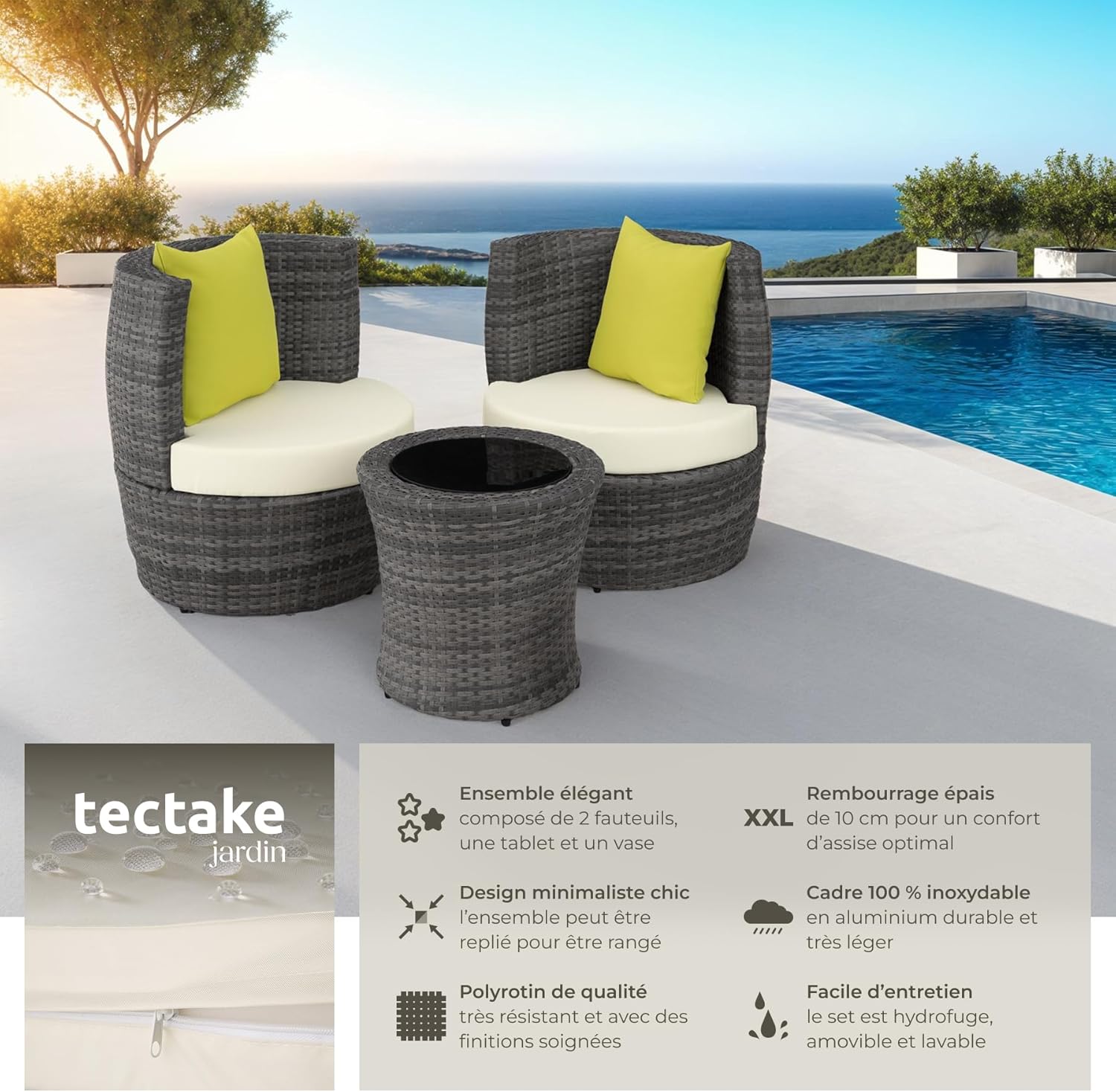 tectake - Salon de jardin encastrable 2 places - Aluminium, polyrotin, coussins et pot de fleur - Idéal balcon terrasse