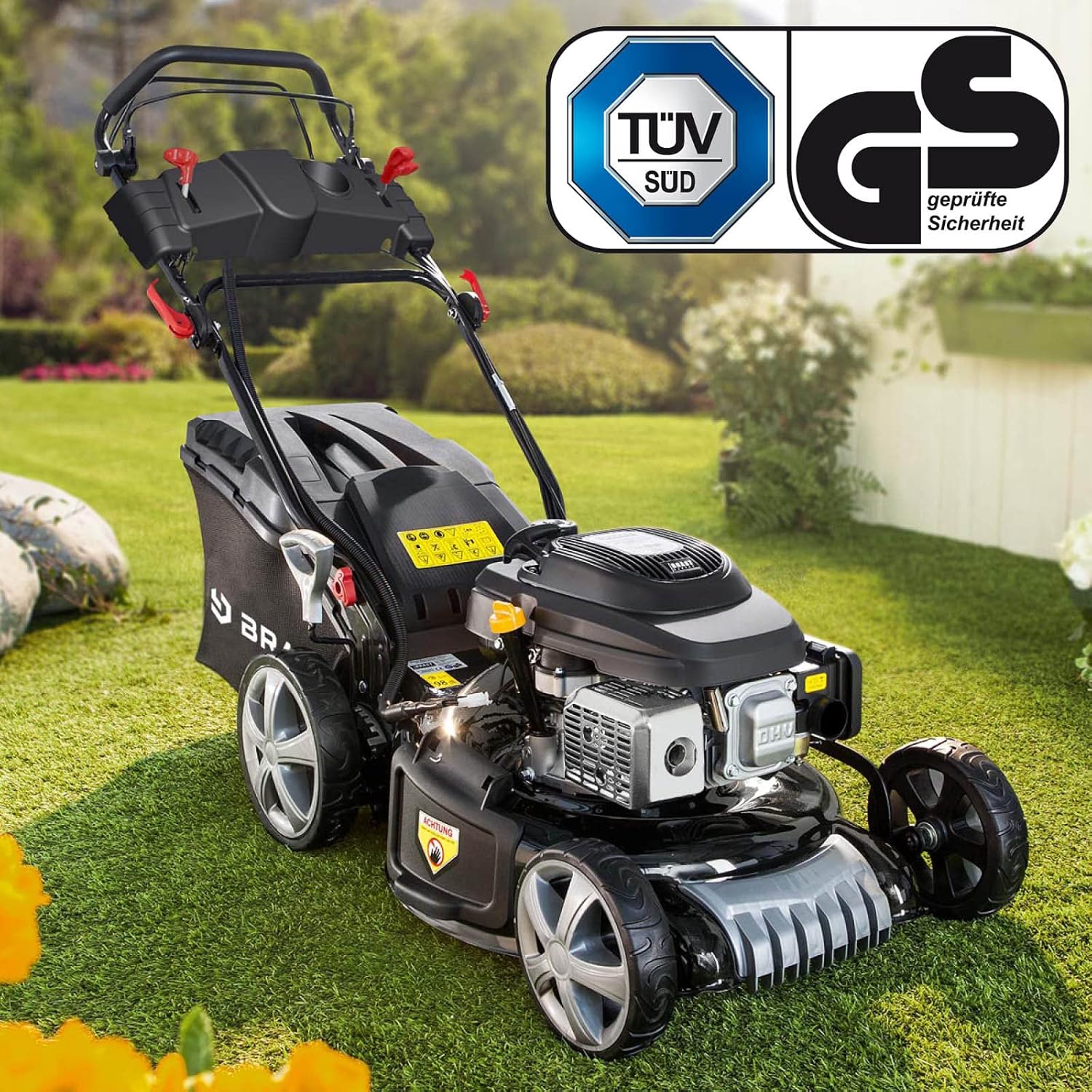 BRAST Tondeuse Thermique tractée démarrage électrique 170ccm 3,5kW (4,76 CV) 46 cm Coupe 30-80, Vitesse d'entraînement Triple réglable 60 l Moteur 4 Temps, 4en 1, châssis en tôle d'acier