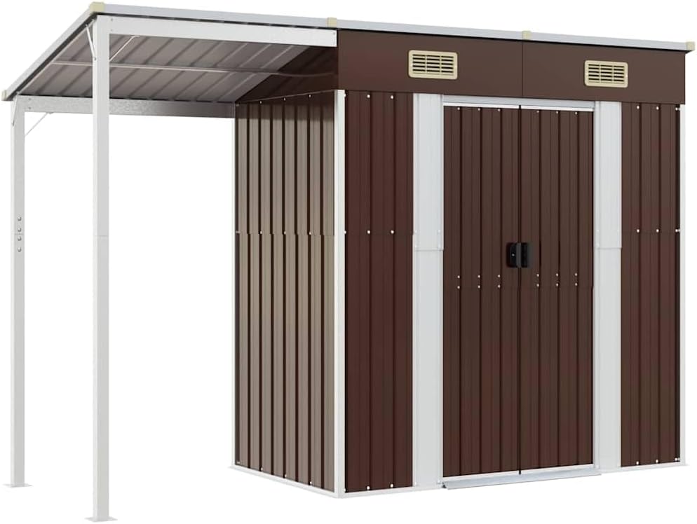 vidaXL Abri de Jardin avec Toit Prolongé, Cabane à Outils avec Poignées, Remise à Outils, Abri de Rangement Terrasse, Marron 277x107x181 cm Acier