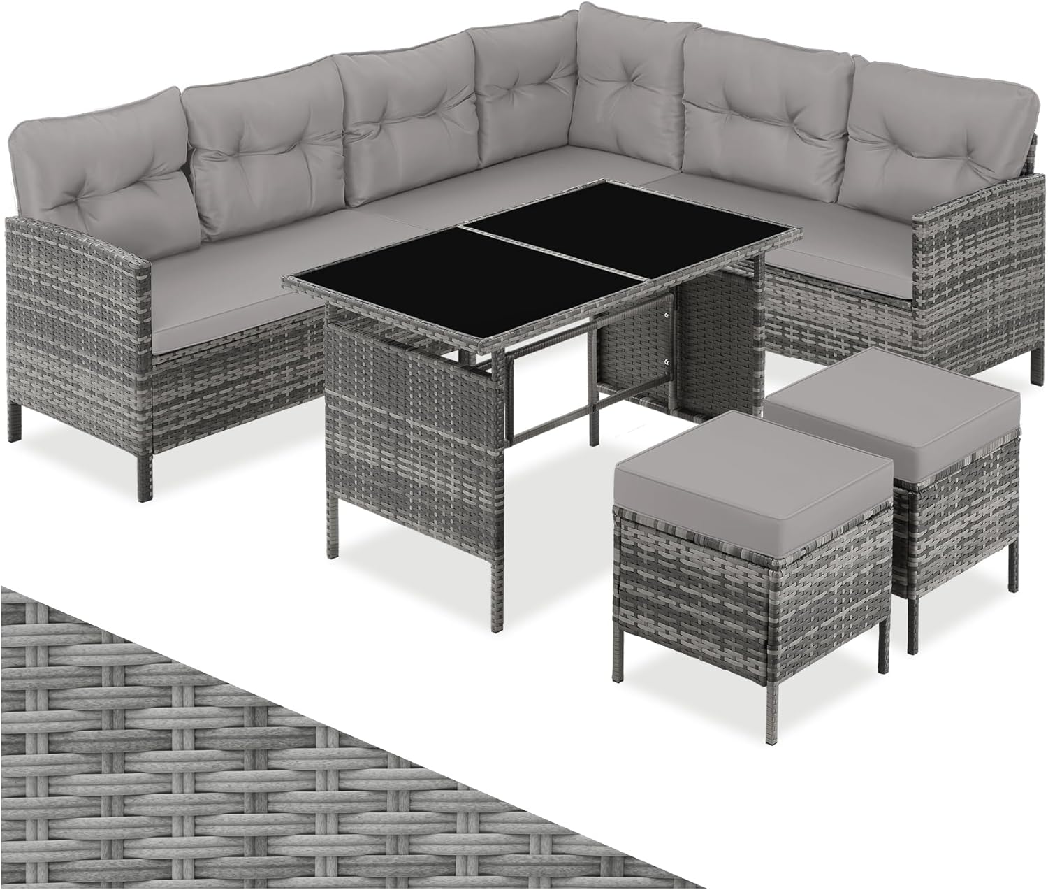 Tectake - Ensemble modulable rotin, canapé d’angle, table verre, poufs, coussins, 220x150x70 cm