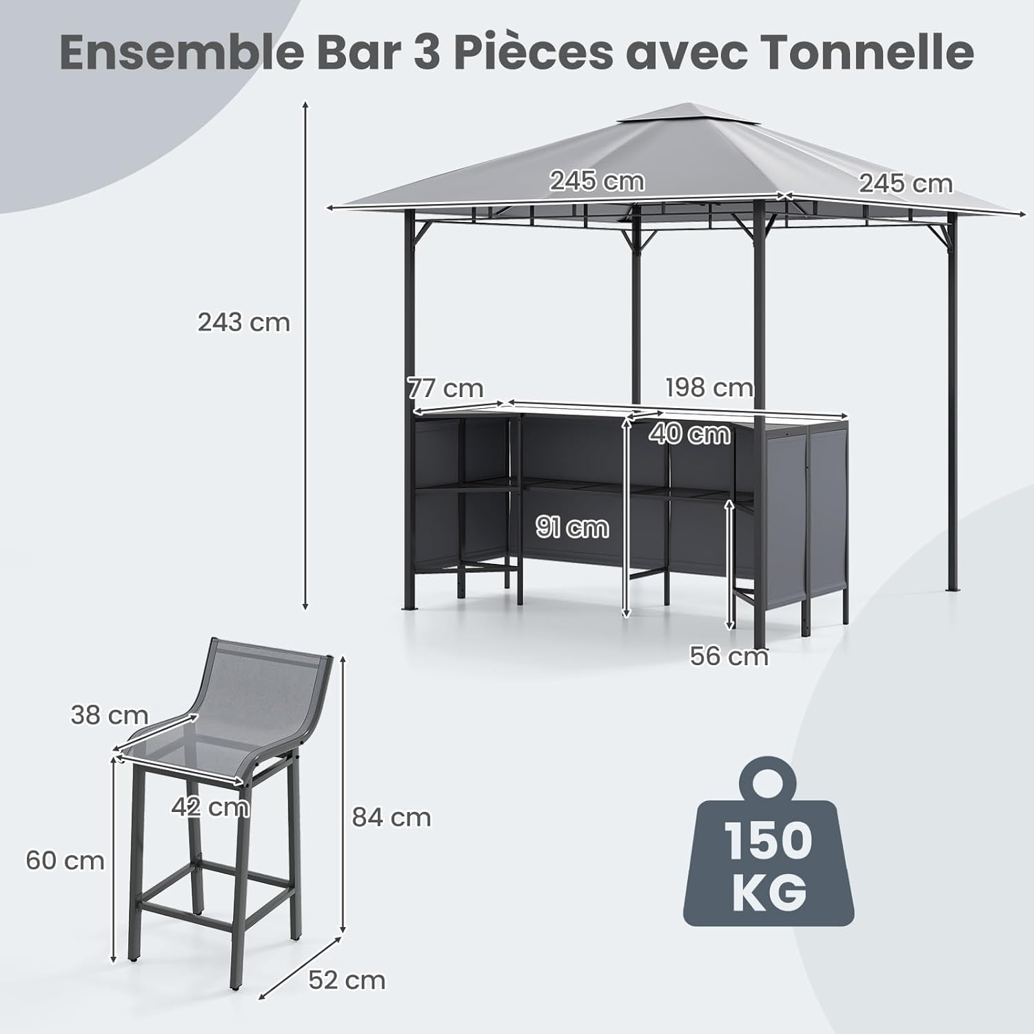 GOPLUS 3 Pcs Abri Barbecue Jardin Exterieur avec Bar Exterieur, Tonnelle Barbecue avec 2 Tabourets Bar, Rangement, Plateau en Verre Trempée,Porte-Verres, en Métal avec Double Toit, 245 x 245 x 243CM
