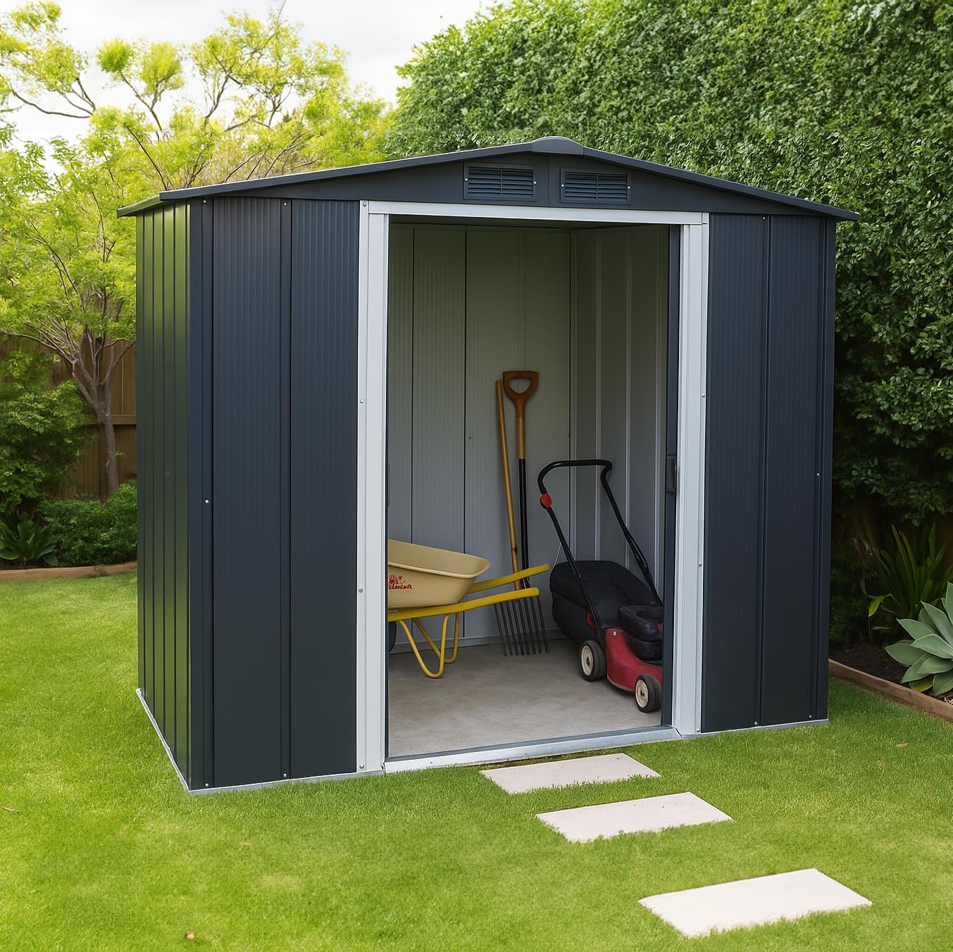 Duramax ECO 6 x 4 (2.47 m2) Abri de jardin en métal, Abri de stockage en métal galvanisé à chaud, Abri de stockage d'outils, Structure de toit robuste et renforcée, Anthracite