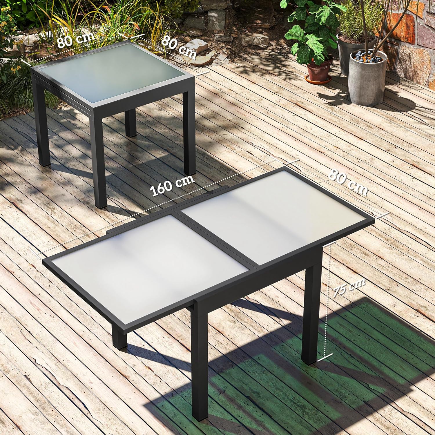 Outsunny - table extensible de jardin - 160x80x75 cm - verre trempé, aluminium gris