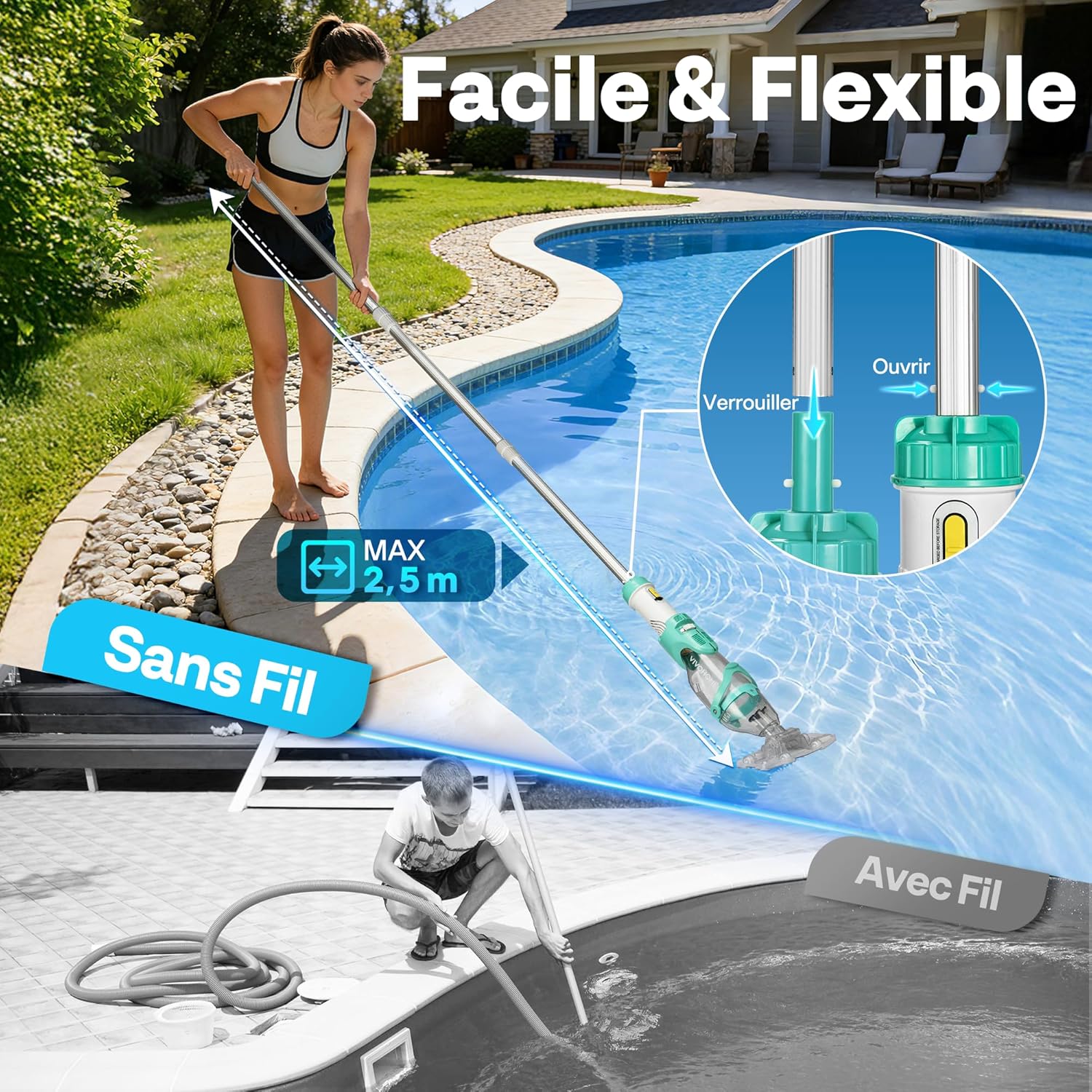 VIVOHOME - aspirateur de piscine sans fil 72LPM - batterie, 4 sacs filtrants, perche télescopique