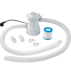 Composants de tuyauterie ou de filtration d'eau en plastique blanc, y compris des tubes circulaires, des pièces de raccordement et une unité de filtre cylindrique.