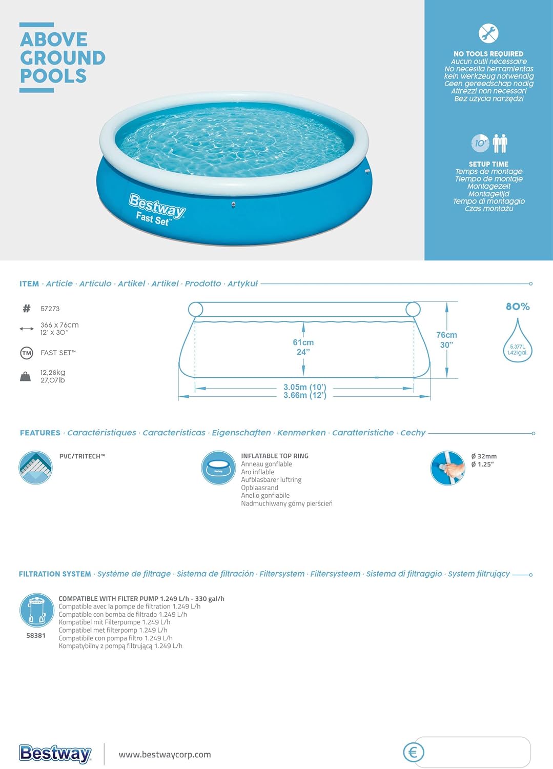 Bestway Piscine autoportante Fast Set Ronde 366 x 76 cm