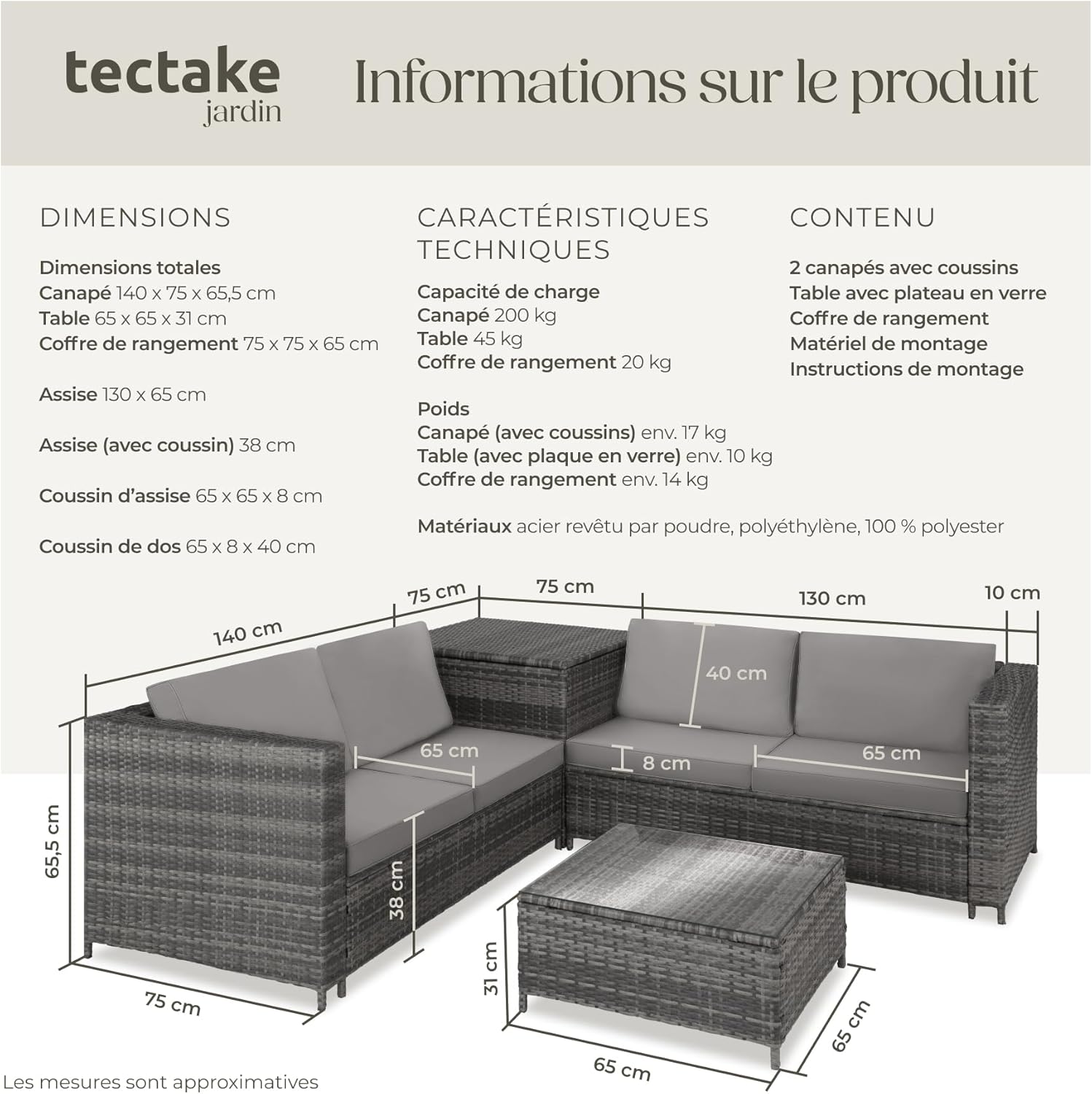 tectake - salon de jardin poly rotin 4 places, canapés modulables, table verre, coffre rangement