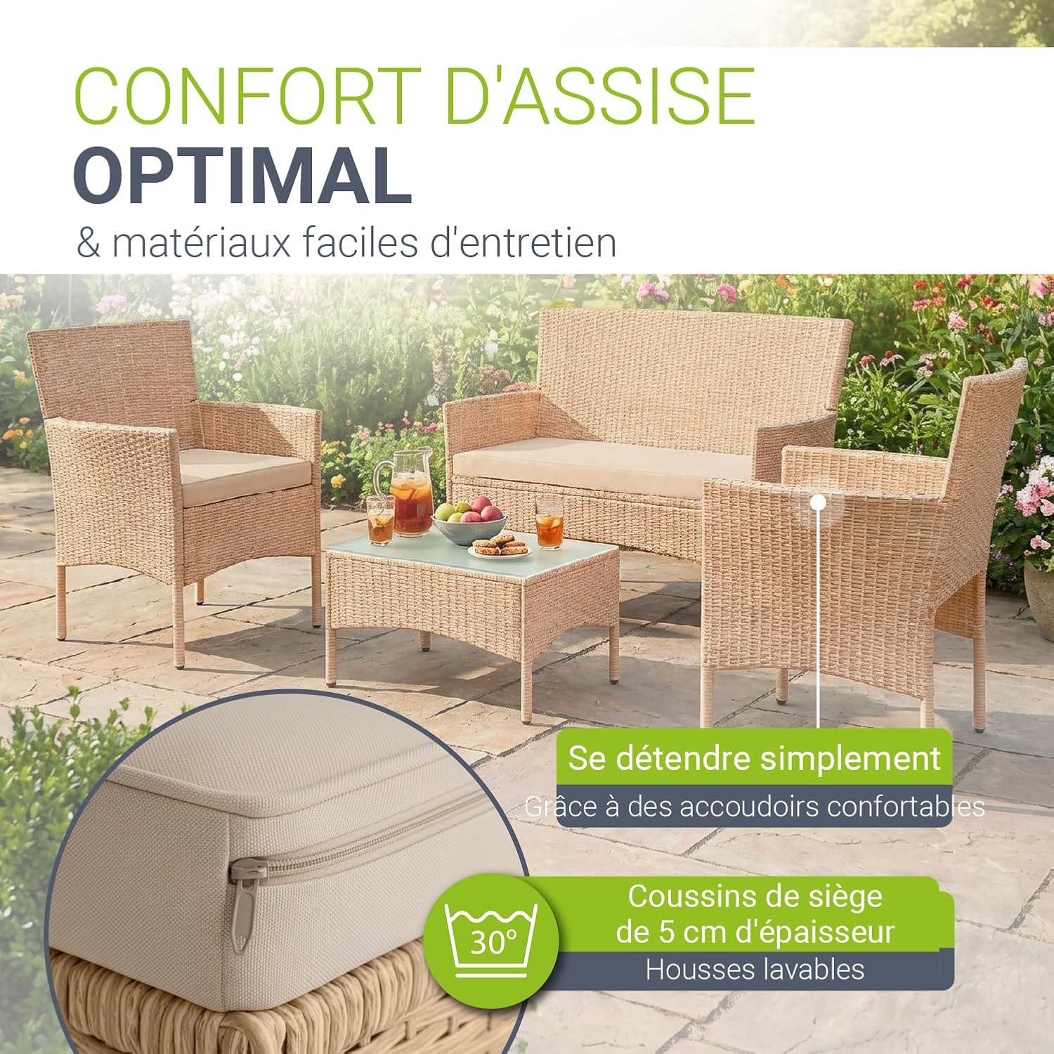 Juskys - Fort Myers - ensemble 4 places en résine tressée, canapé 2 places, fauteuils, table, coussins, mobilier extérie