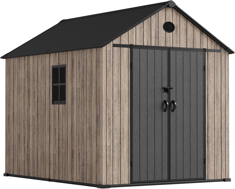 Hoggar Abri de jardin en résine 6,41 m² Oak O60 - Sol inclus - Fenêtre latérale - Aspect bois premium - Double porte large - Protection UV et imperméable - Fermeture par goupille - Ventilations