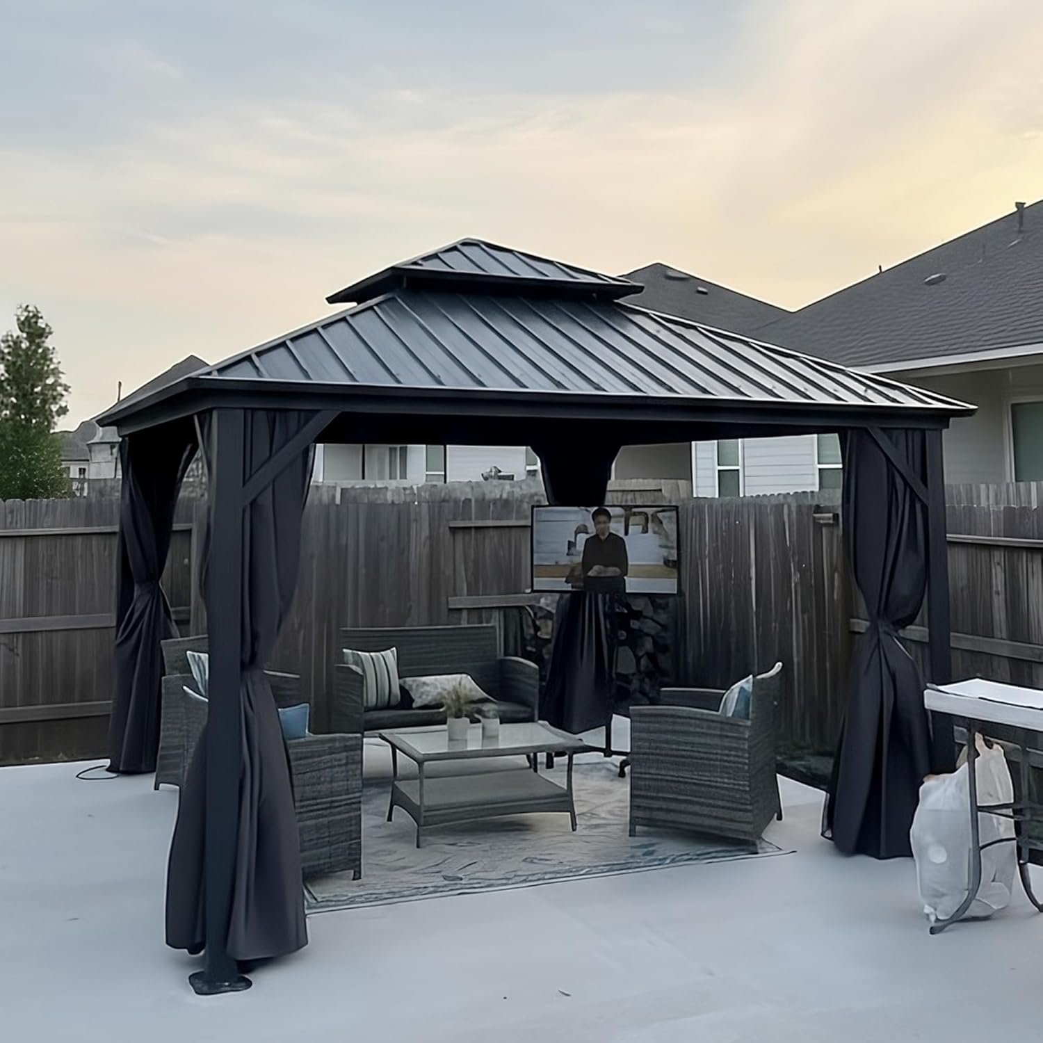 PURPLE LEAF - Pavillon jardin double toit alu 3,65x3,65m, rideaux, moustiquaire