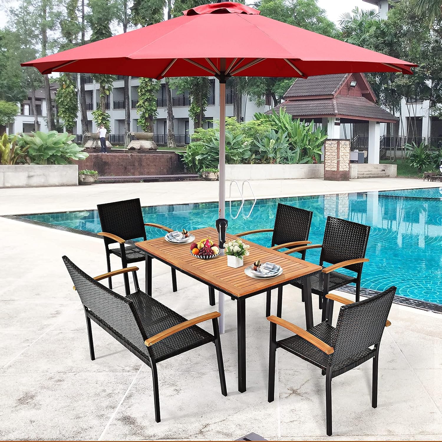 Costway - Table à manger bois et acier - 140x75x76 cm - trou parasol
