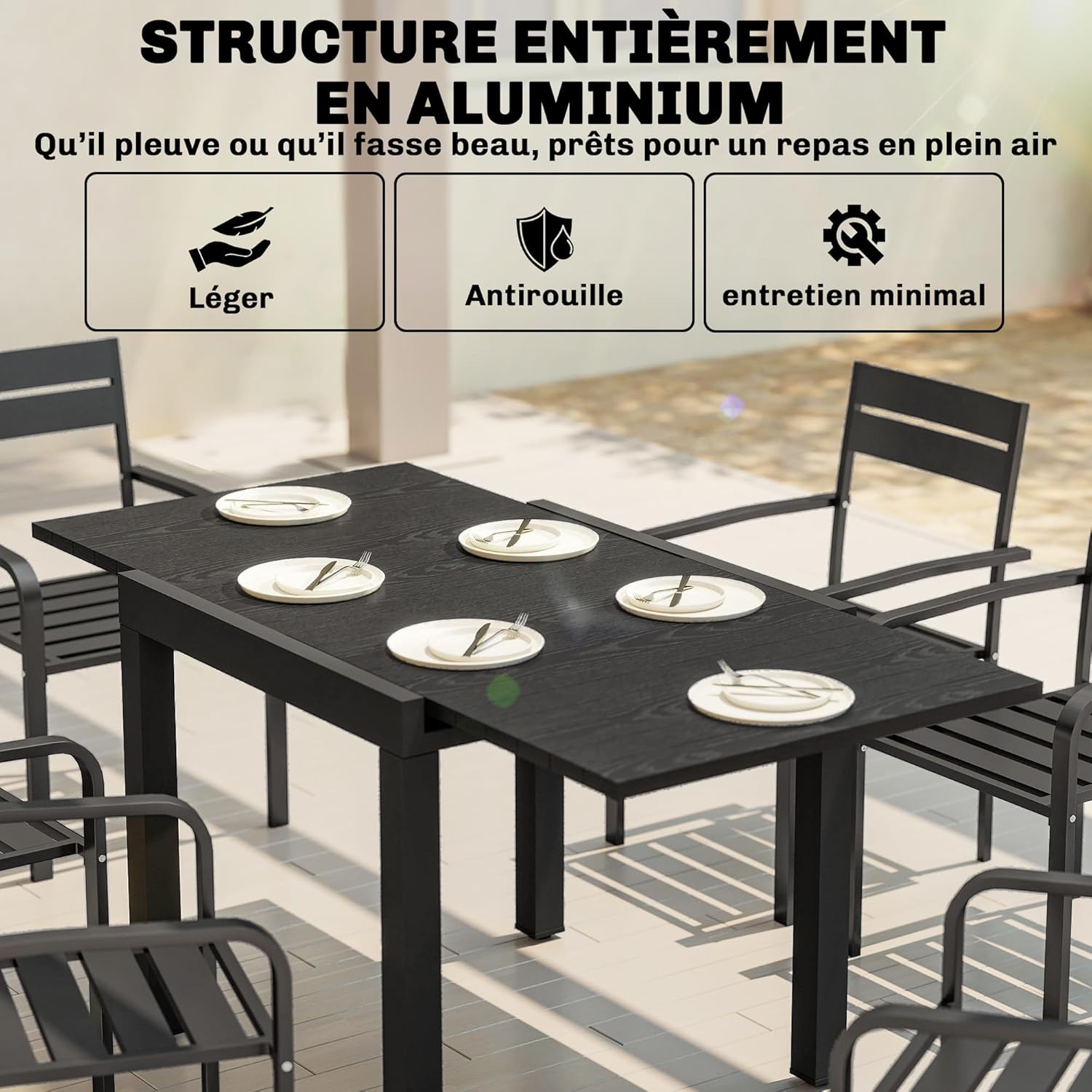Outsunny - table extensible - 80-160cm - aluminium effet bois, 4-6 pers.