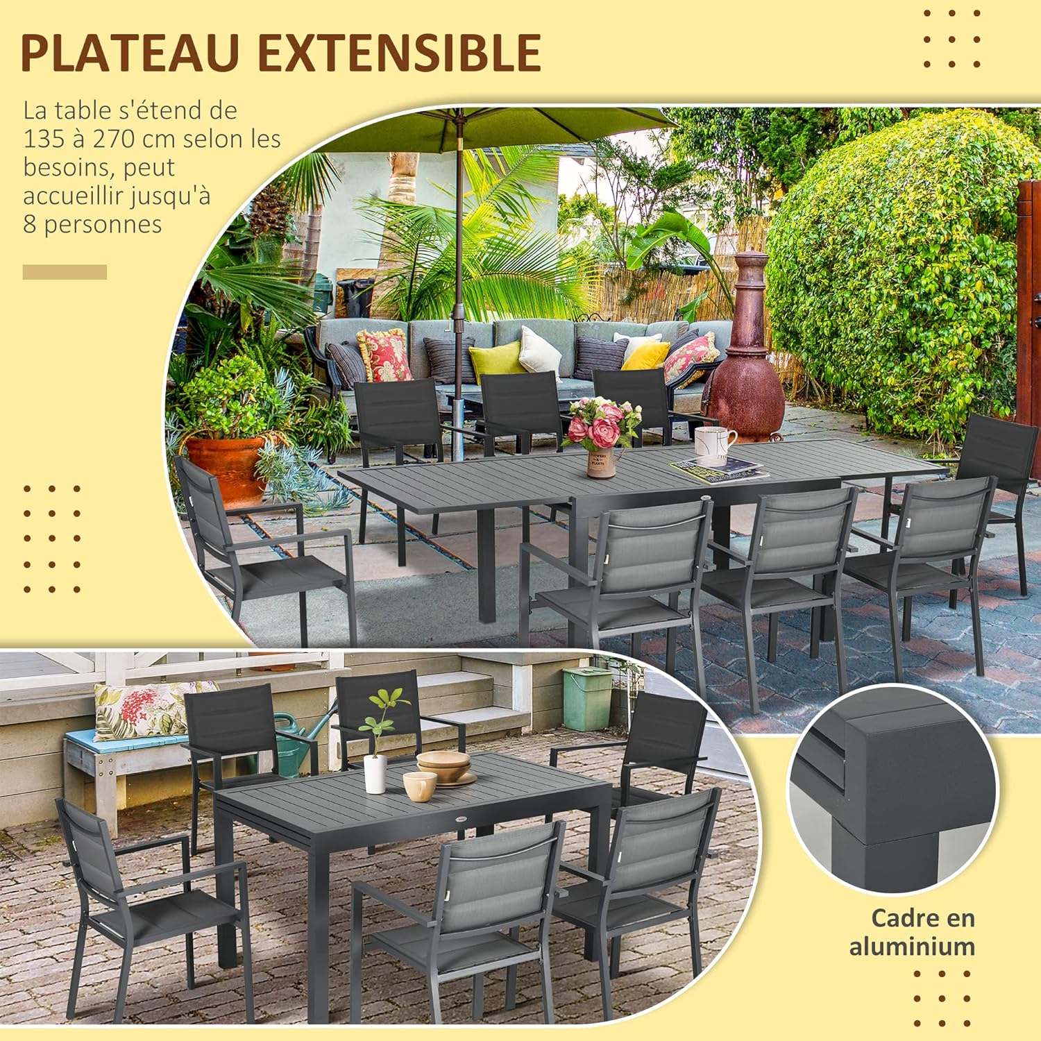 Outsunny - salon de jardin extensible 135-270cm - 8 chaises empilables, aluminium et textilène - gris