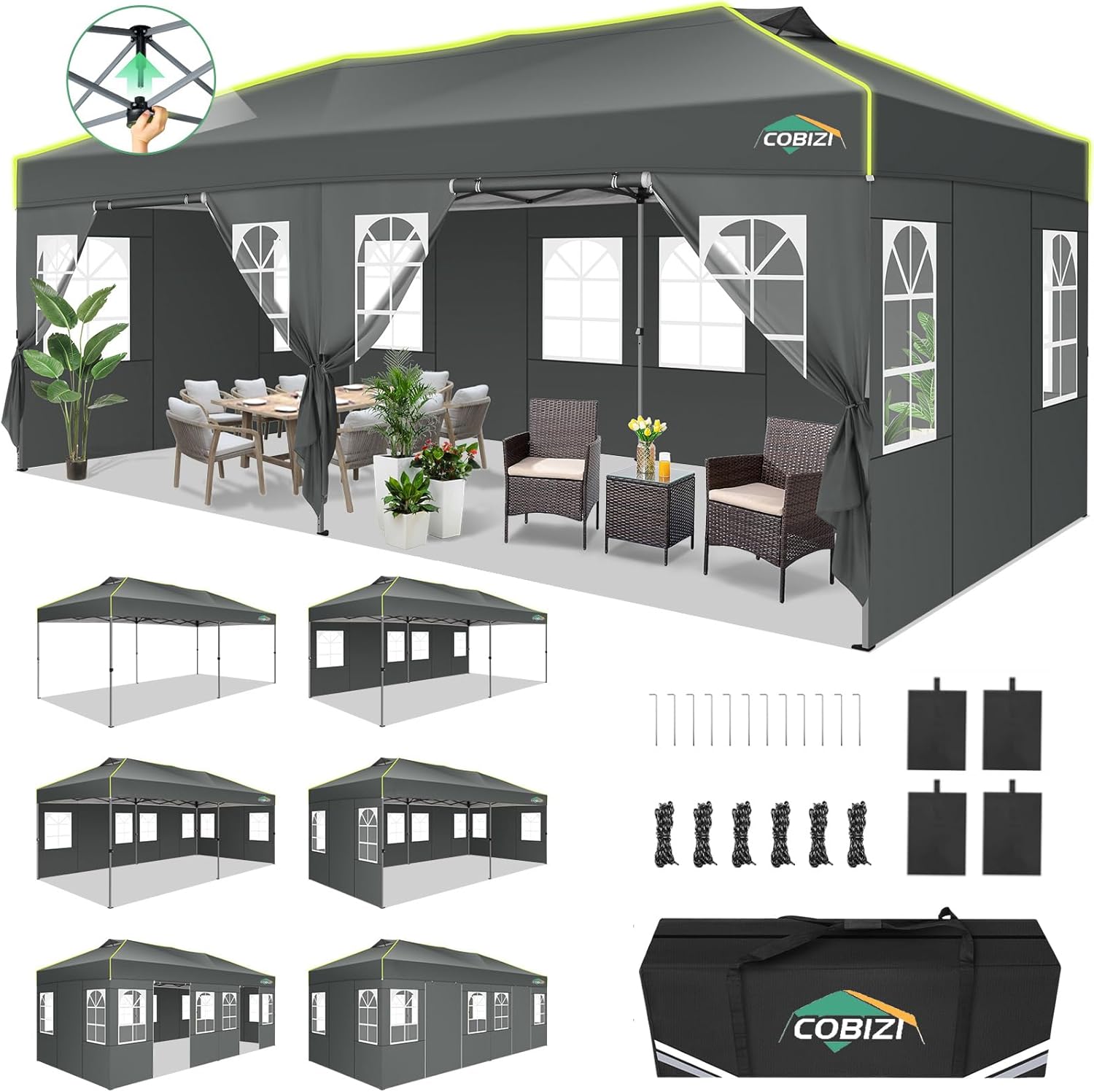 COBIZI - Tonnelle pliante série Pop up - 3x6m - imperméable, ventilation, anti-UV
