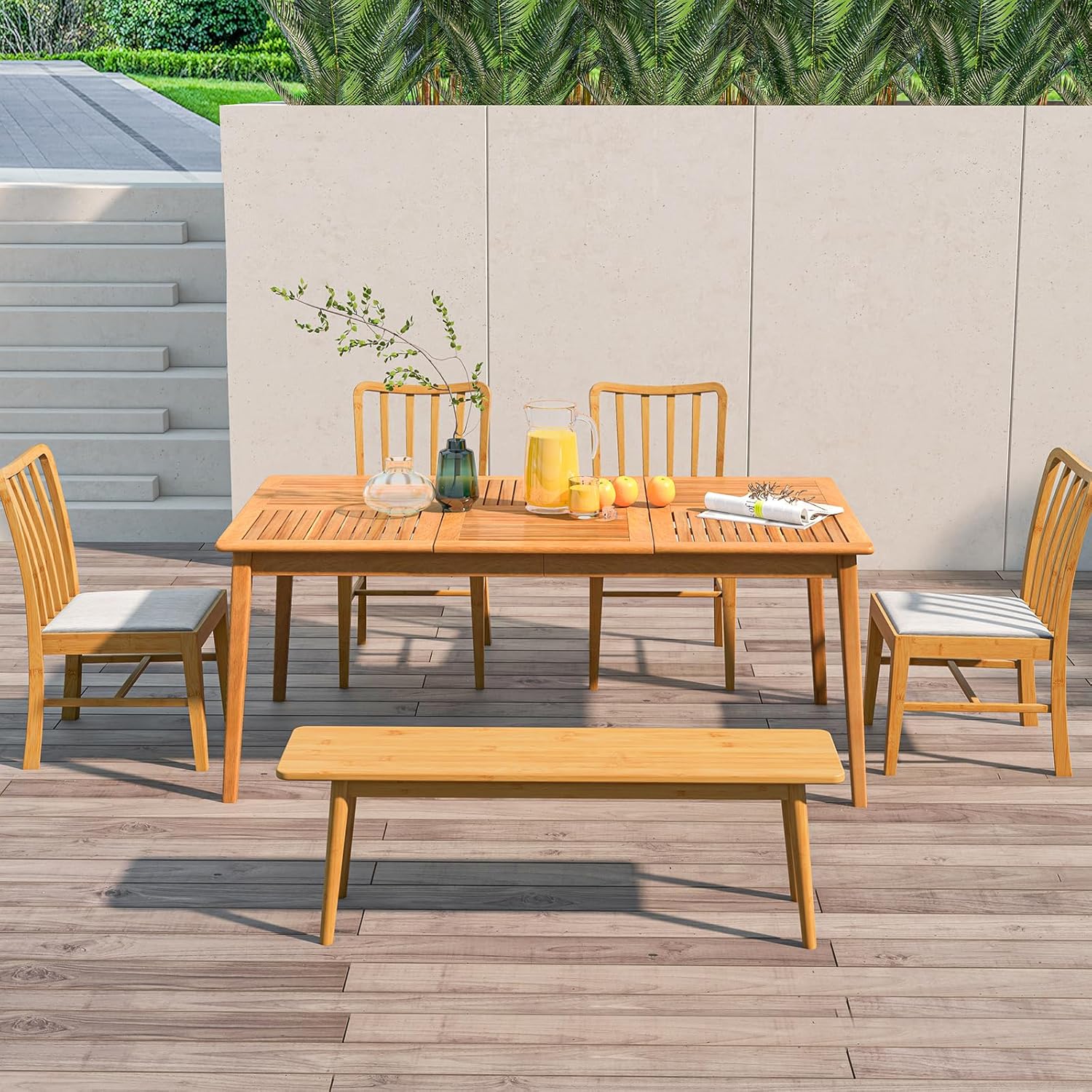 Costway - Table en bois d’Acacia, 170x90 cm, trou pour parasol 5 cm, 6 personnes