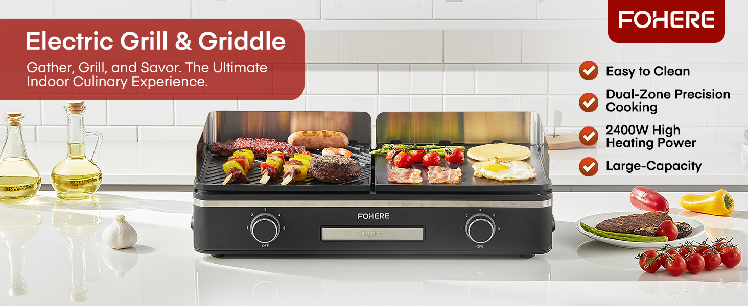 Le texte indique « Electric Grill & Griddle » et « FOHERE ». Présentoir de produits montrant un gril électrique avec divers aliments en cours de cuisson, y compris des tomates cerises et d'autres ingrédients.