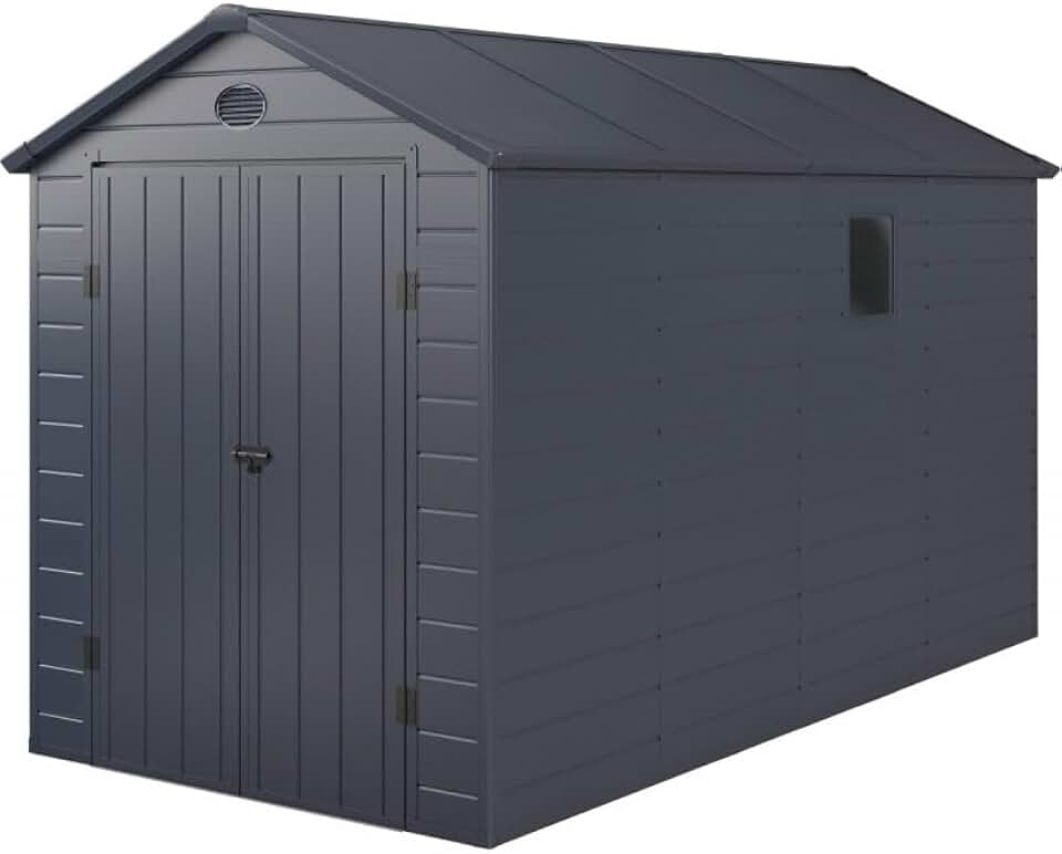 Jôbu Abri de Jardin Résine Anthracite 6,99m² | Double Porte Verrouillable, Structure Acier Galvanisé | Kit de Fondation Inclus, Ventilation, Fenêtre, Garantie 10 Ans