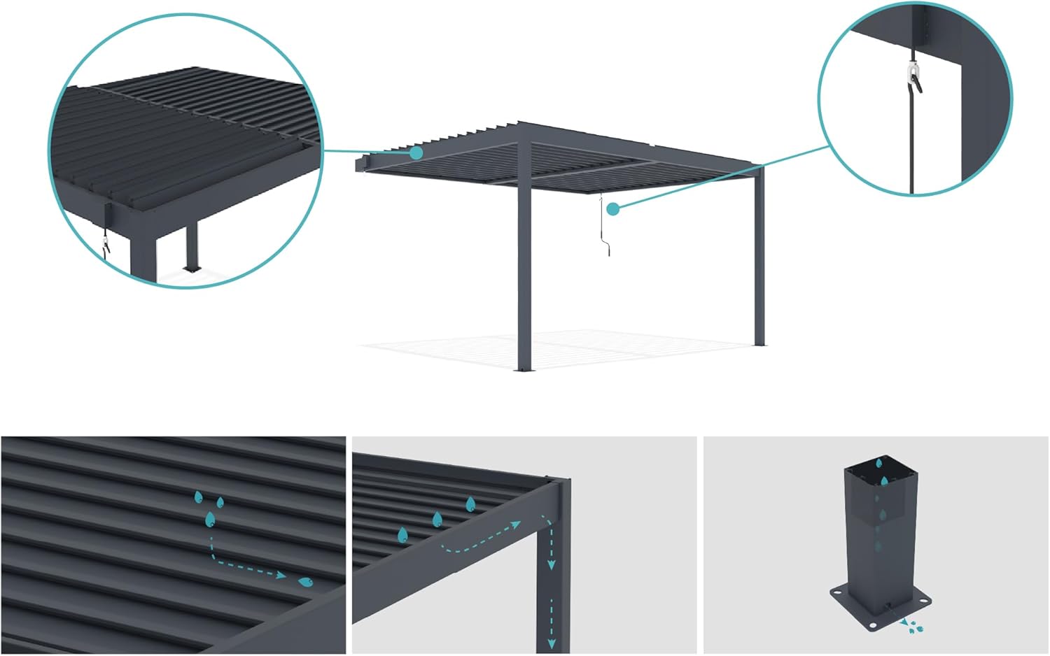 CAZEBOO - Pergola Piana - 4x3 m - Alu gris, lames acier orientables, RAL 7016