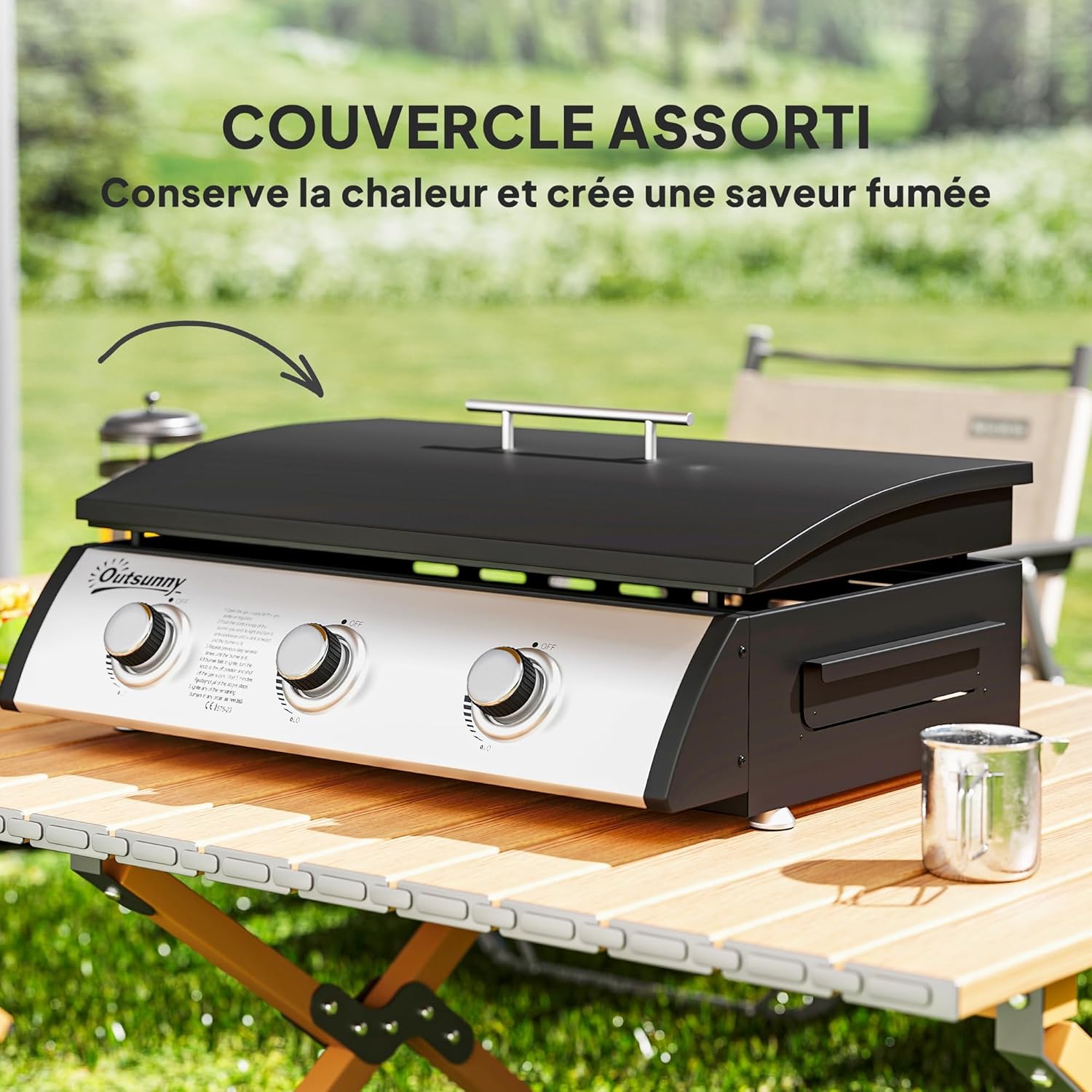 Outsunny - Plancha gaz 3 brûleurs, 61x35,5cm, couvercle, portable, 7,5kW