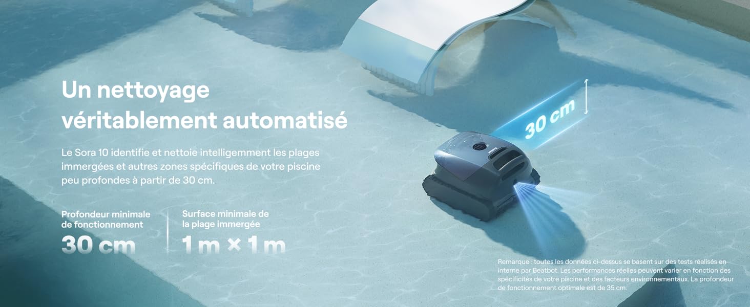 Le texte se lit comme suit : « Un nettoyage véritablement automatisé ». Image teintée en bleu montrant le processus de nettoyage ou de maintenance automatisé.