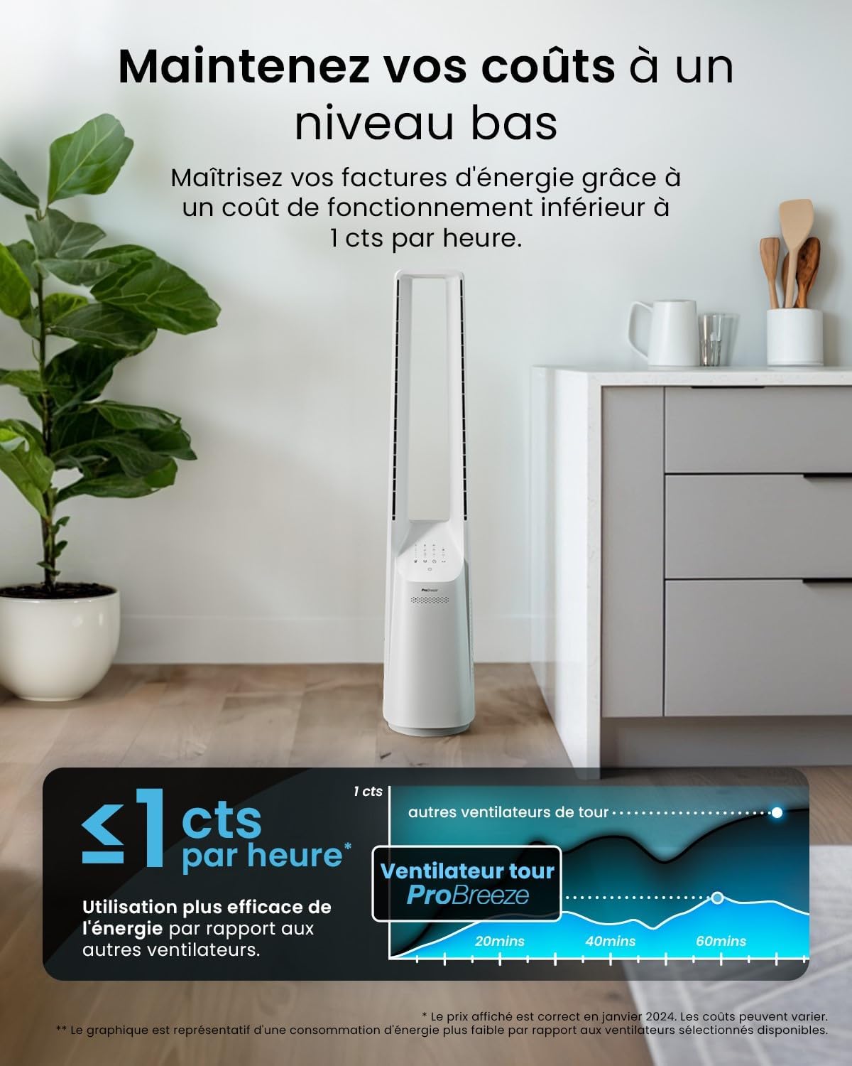 Pro Breeze - Ventilateur colonne, 101 cm - 6 vitesses, oscillation 60°, silencieux